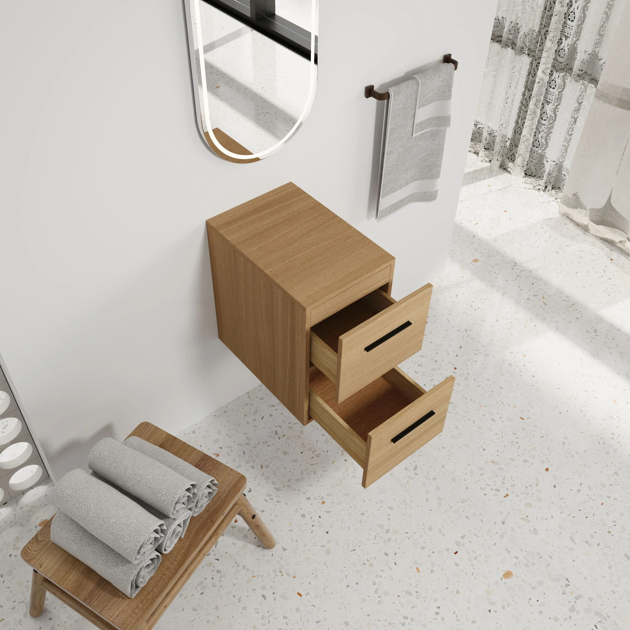 Floating Bathroom Vanity Drawer Base, Wall Mounted Storage With 2 Drawers - Light Oak - Image 2