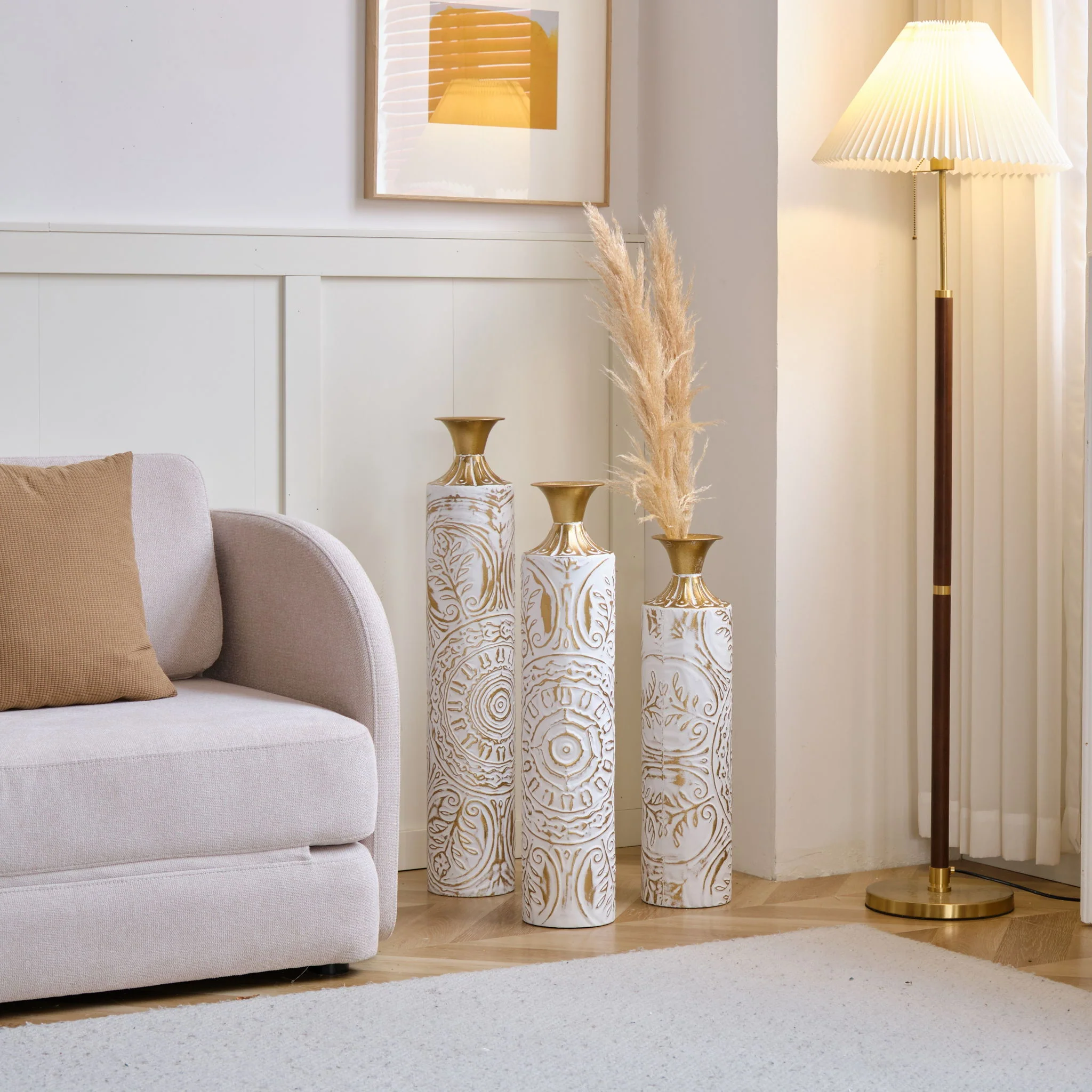 Floor Metal Vases Decorated Metal Vases (Set of 3) Gorgeous Home Decoration Large Glazed Metal Vases - White / Gold - Image 9