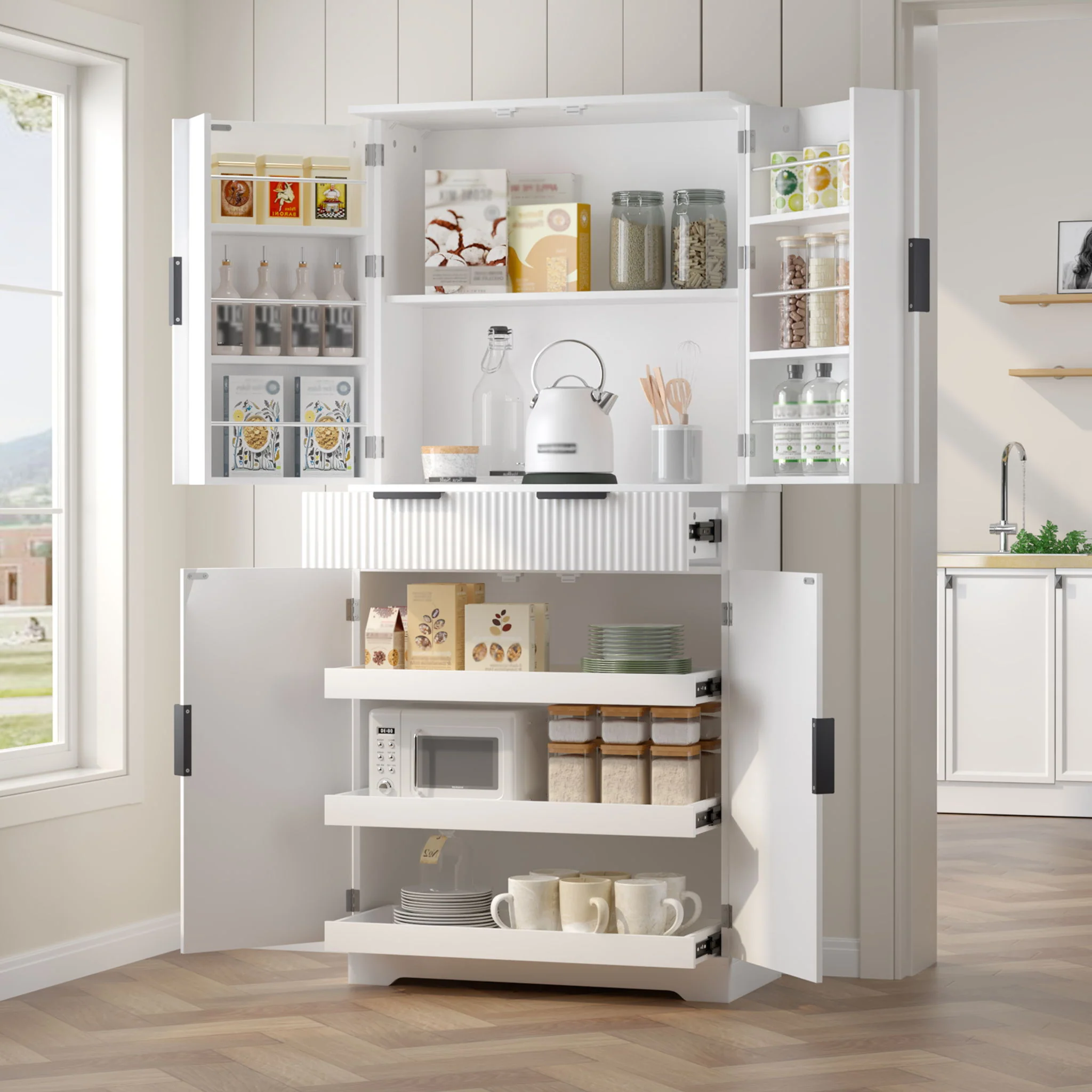 Fluted Kitchen Pantry Cabinet With 3 Keyboard Drawers & 6 Adjustable Door Shelves - Image 11