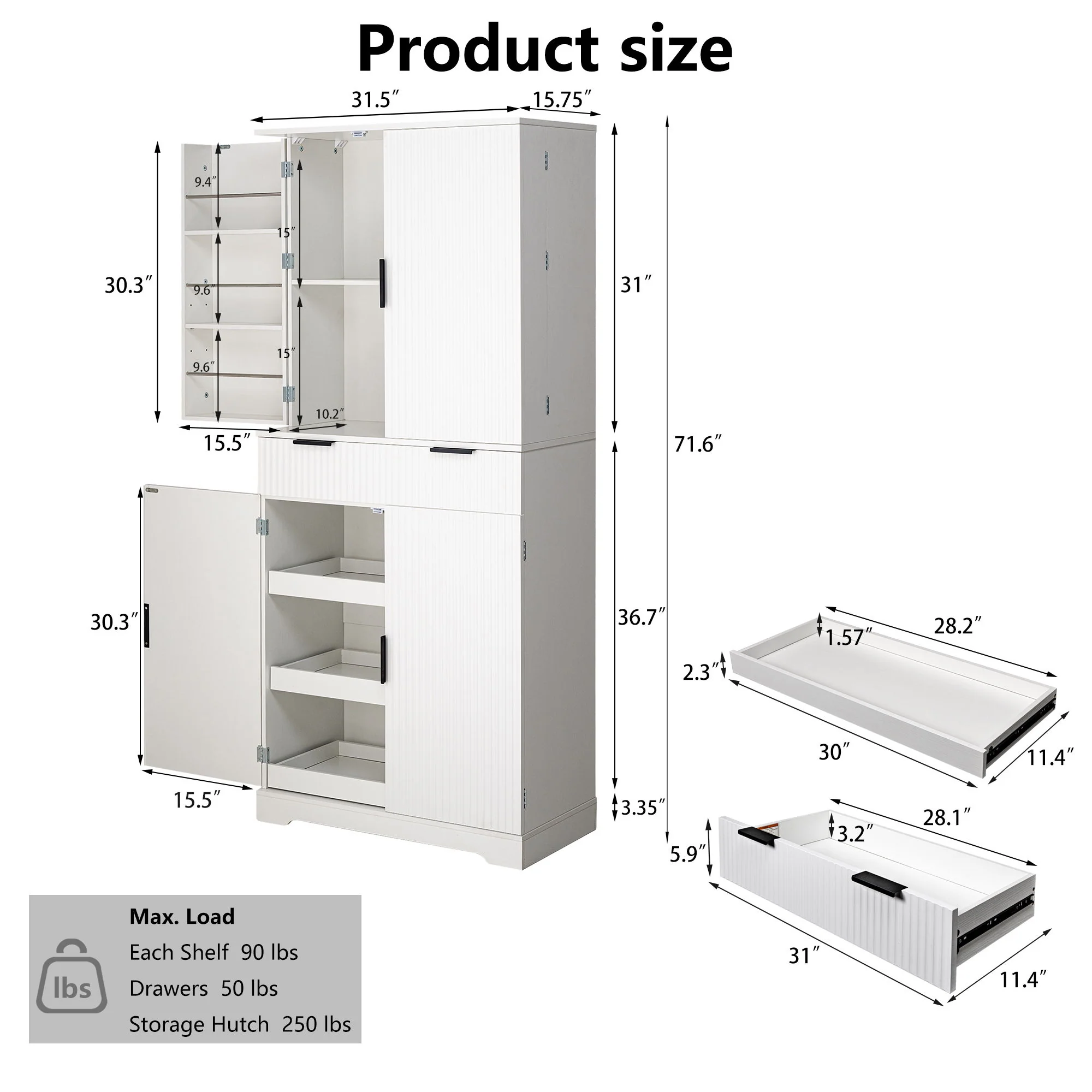 Fluted Kitchen Pantry Cabinet With 3 Keyboard Drawers & 6 Adjustable Door Shelves - Image 13