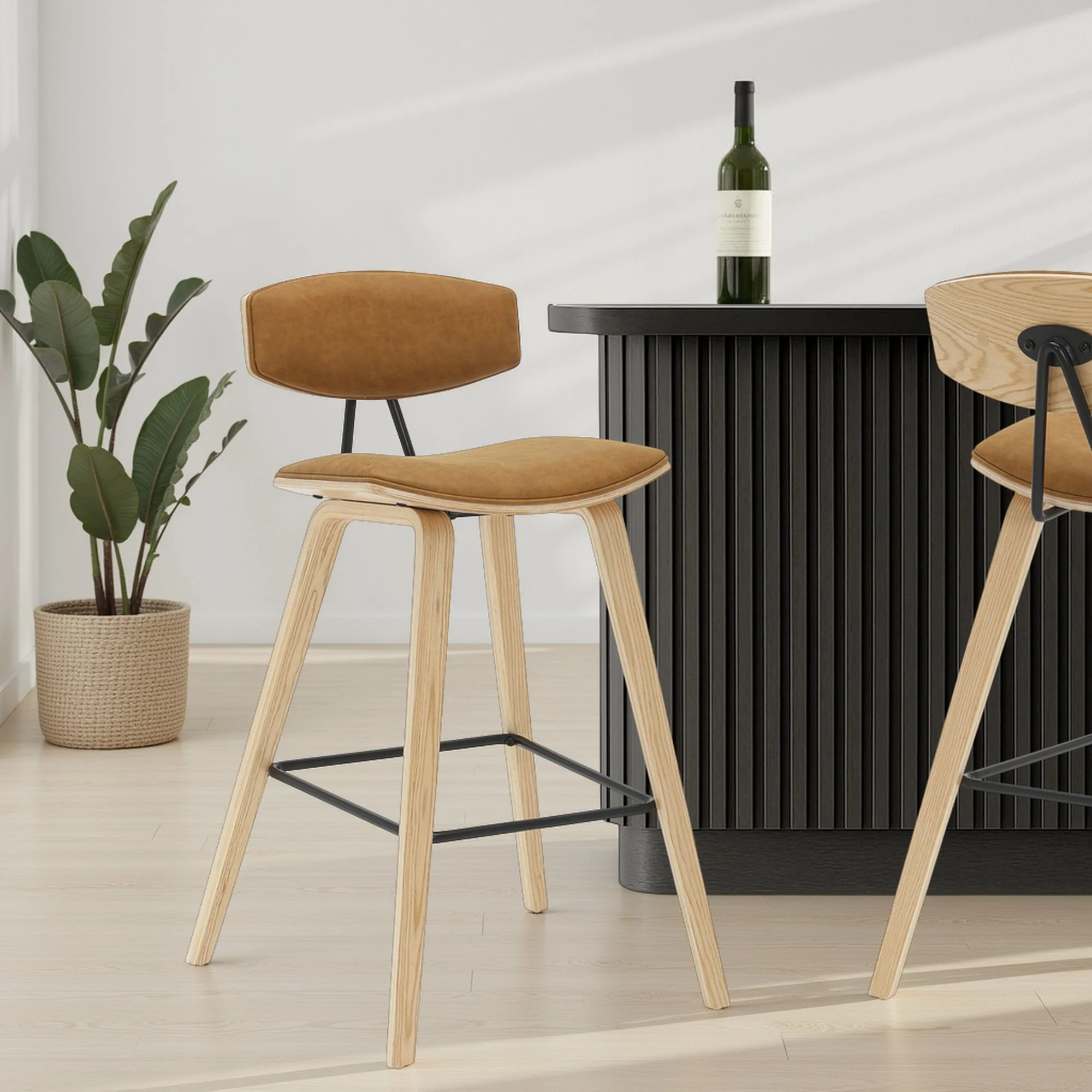 Fox - Bar Height Curved Back Wood Bar Stool With Faux Leather Seat - Image 19