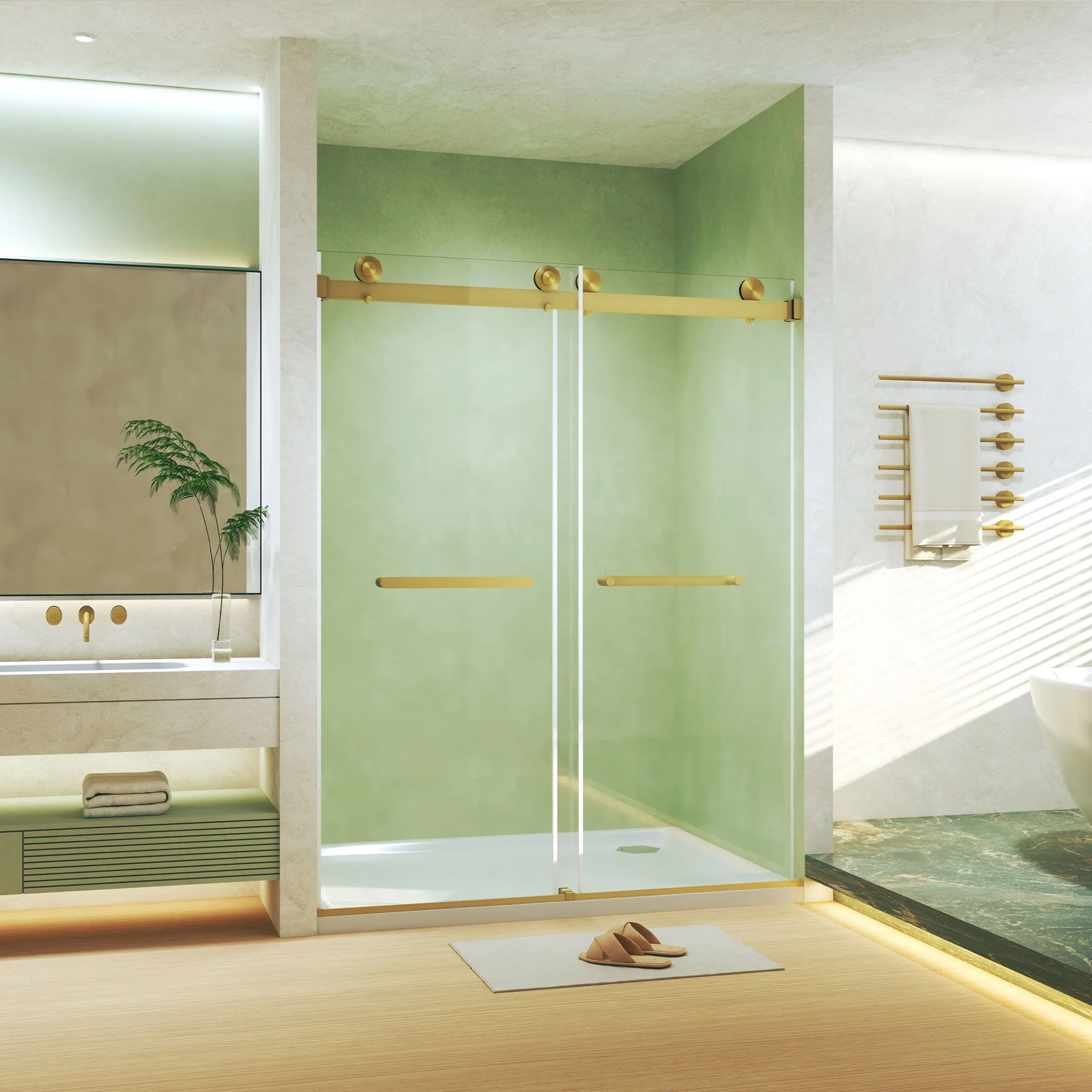 Frameless Double Sliding Shower Door, Tempered Glass, Explosion Proof Film, Square Tube Track - Brushed Gold - Image 4