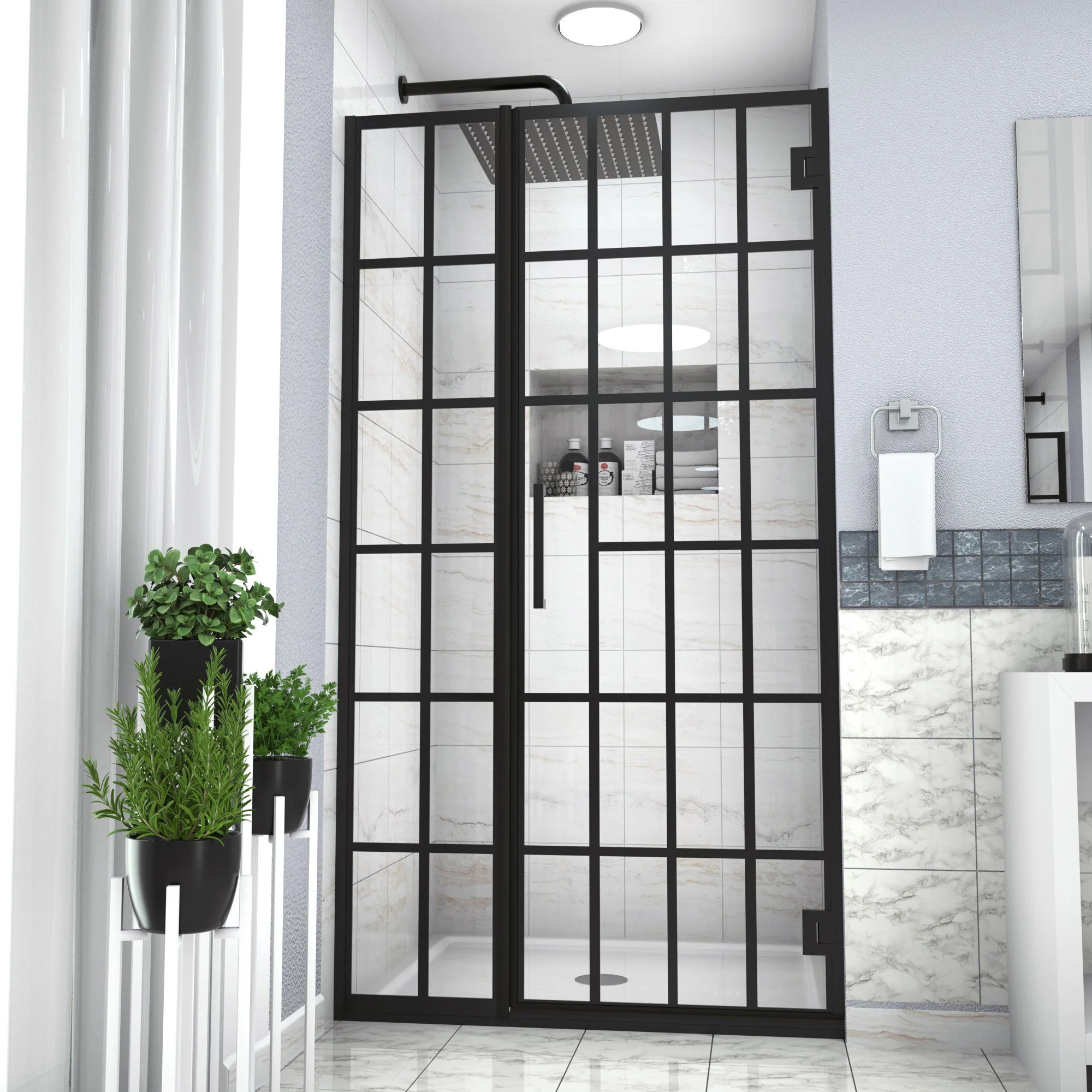 Frameless Pivot Shower Door With Pattern Glass, Open Entry Design - Image 10