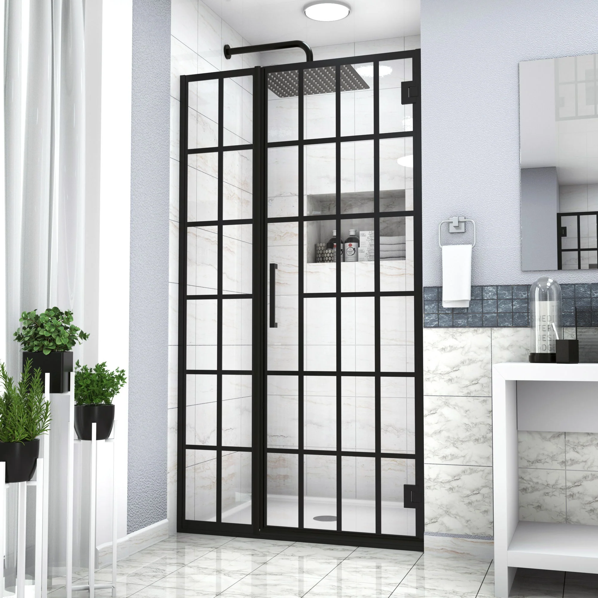 Frameless Pivot Shower Door With Pattern Glass, Open Entry Design - Image 11