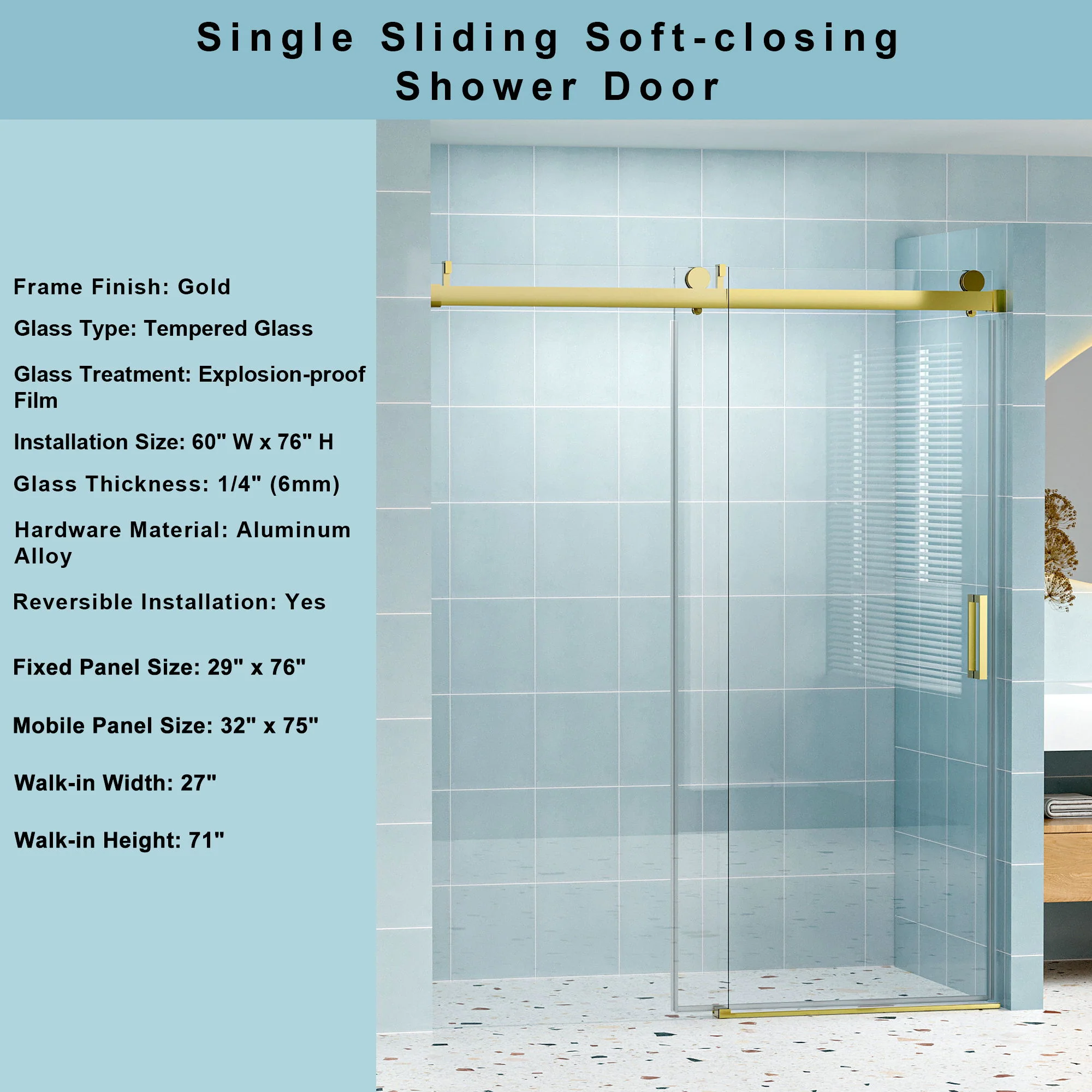 Frameless Soft-Closing Shower Door, 1/4" (6 Mm) Tempered Glass Single Sliding With Explosion Proof Coating - Image 10