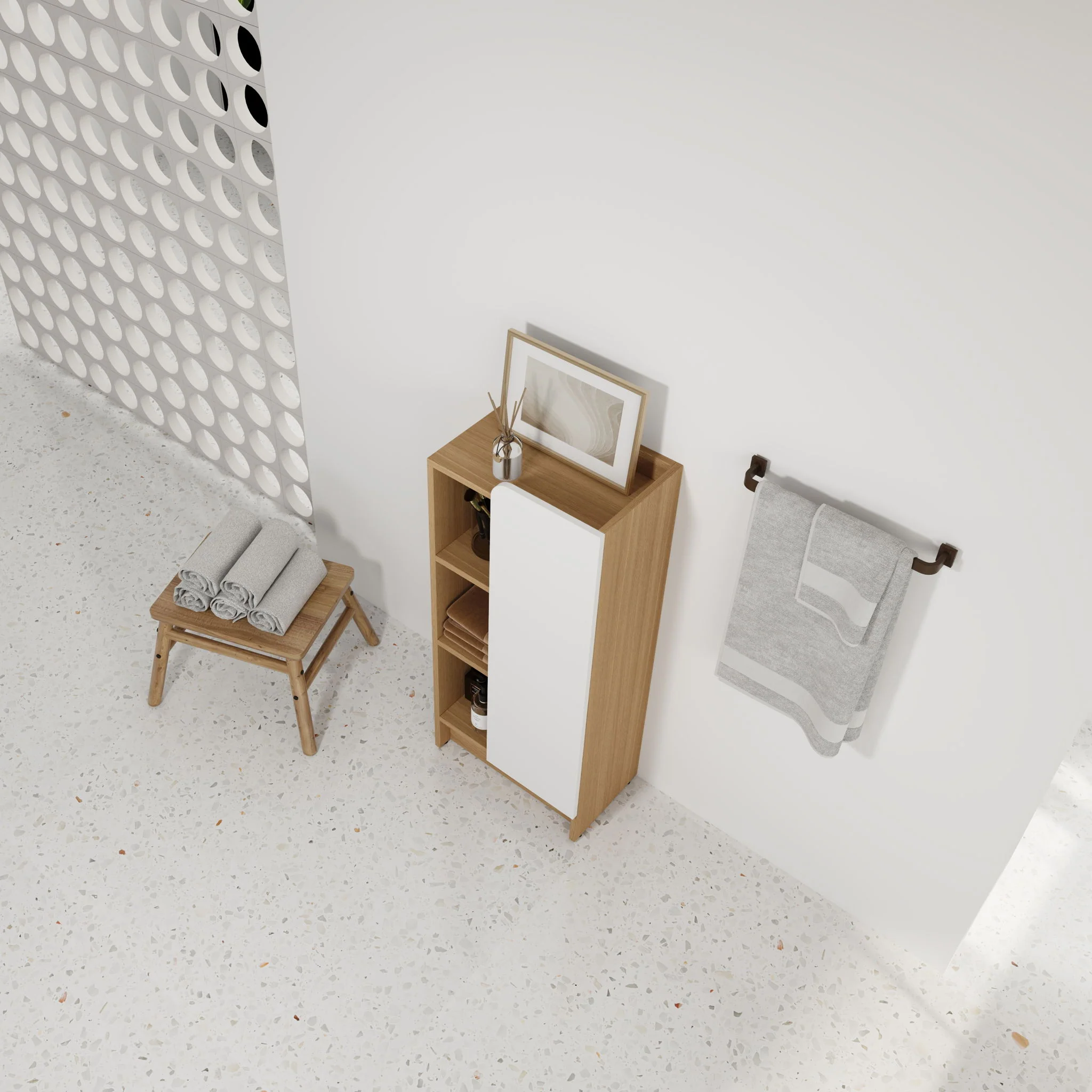 Freestanding Bathroom Side Cabinet, Narrow Storage Cabinet With Single Door & 3 Tier Open Shelves - Black / Light Oak / White - Image 5
