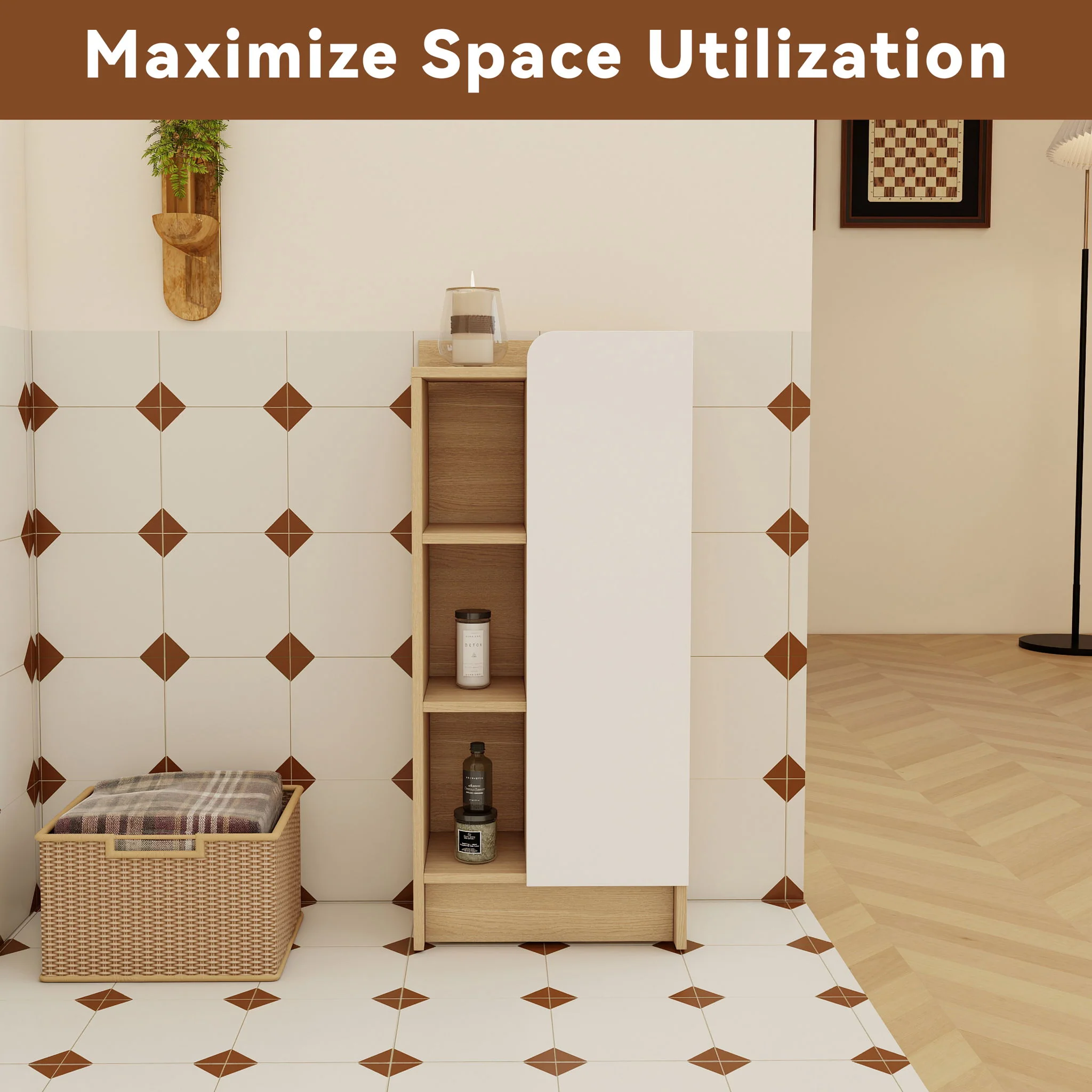 Freestanding Bathroom Side Cabinet, Narrow Storage Cabinet With Single Door & 3 Tier Open Shelves - Black / Light Oak / White - Image 7