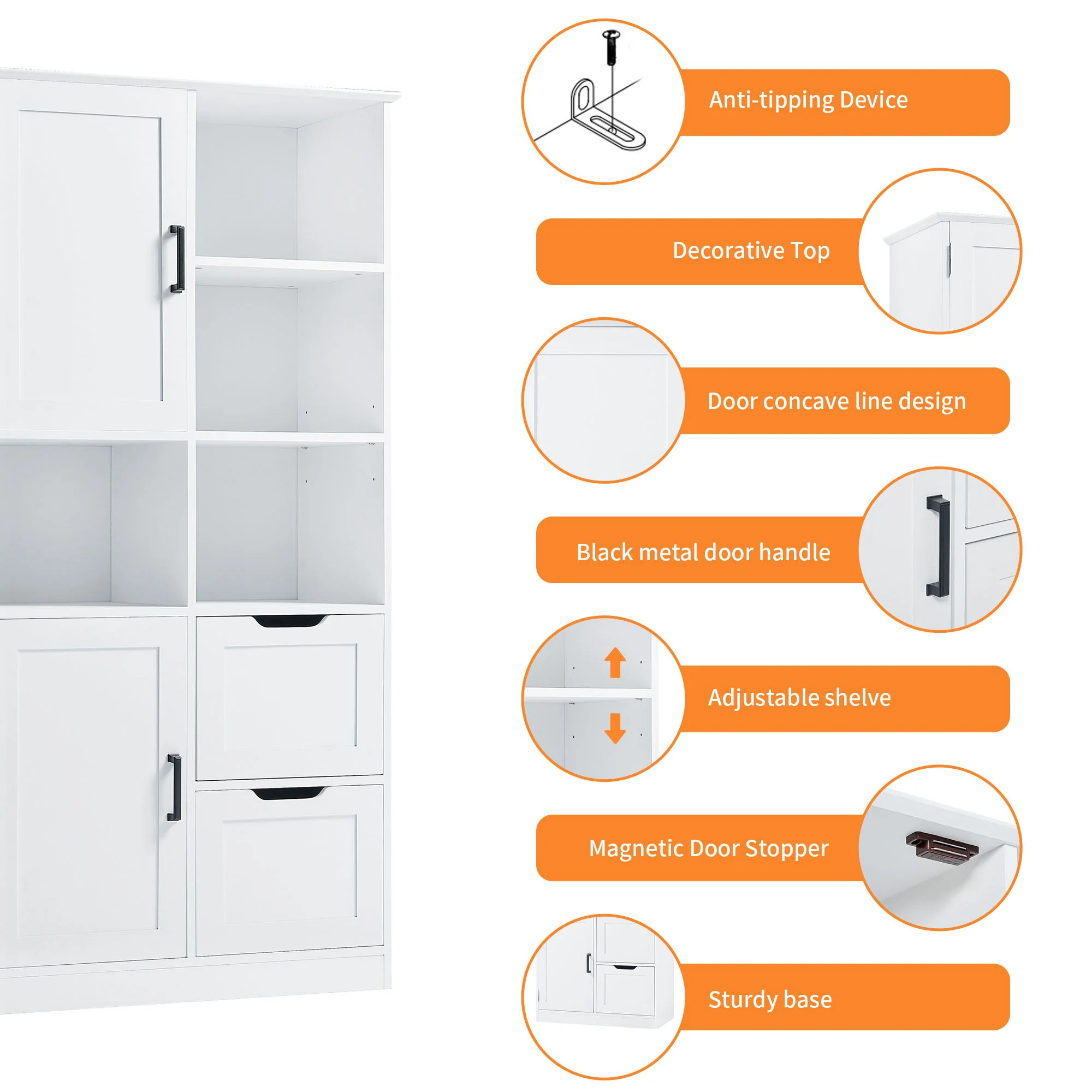 Freestanding Bathroom Storage Cabinet With Doors And Drawers, Adjustable Shelf, Open Shelves - White - Image 2