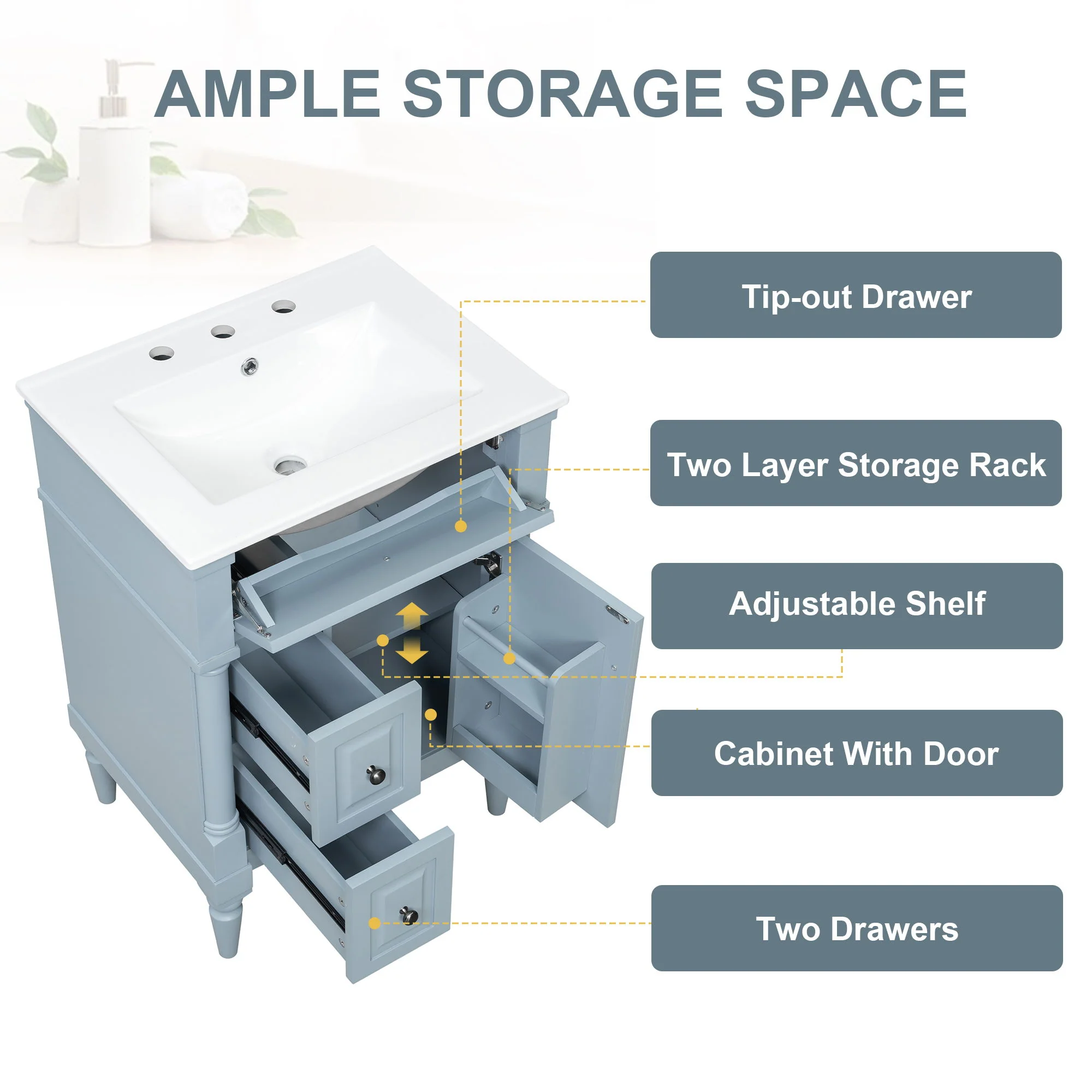 Freestanding Bathroom Vanity With Sink, Adjustable Shelf & Flip Drawer - Image 28