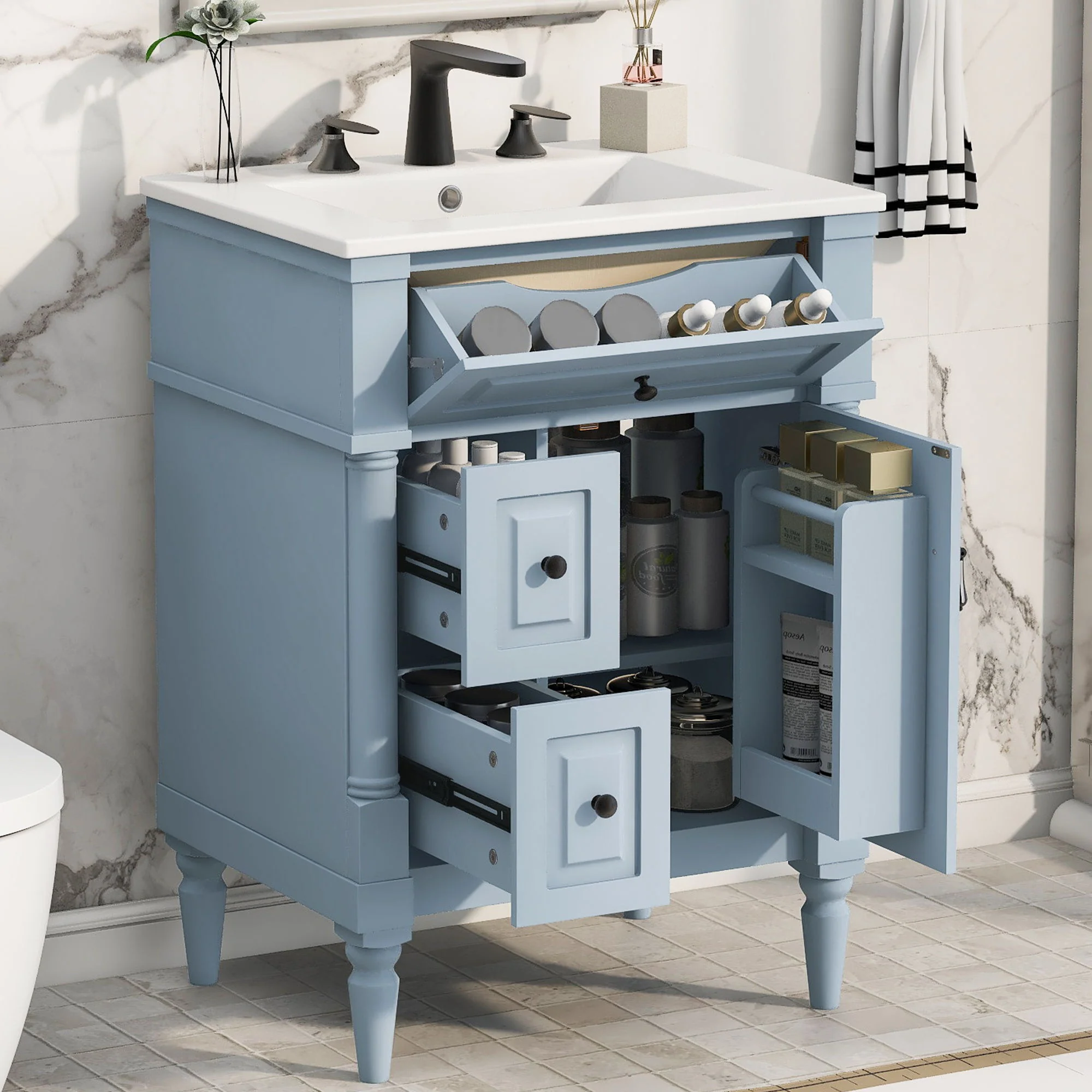 Freestanding Bathroom Vanity With Sink, Adjustable Shelf & Flip Drawer - Image 29