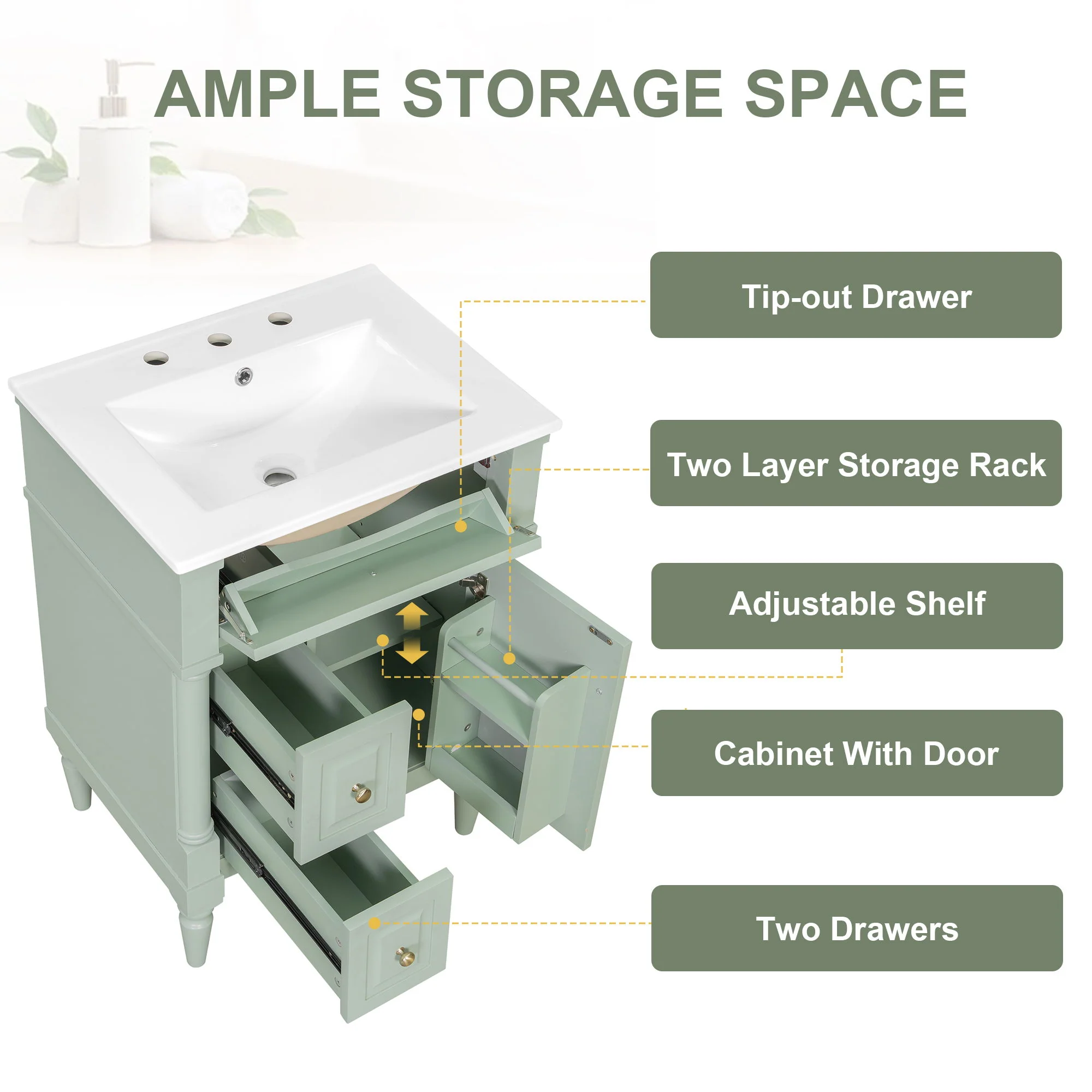Freestanding Bathroom Vanity With Sink, Adjustable Shelf & Flip Drawer - Image 30