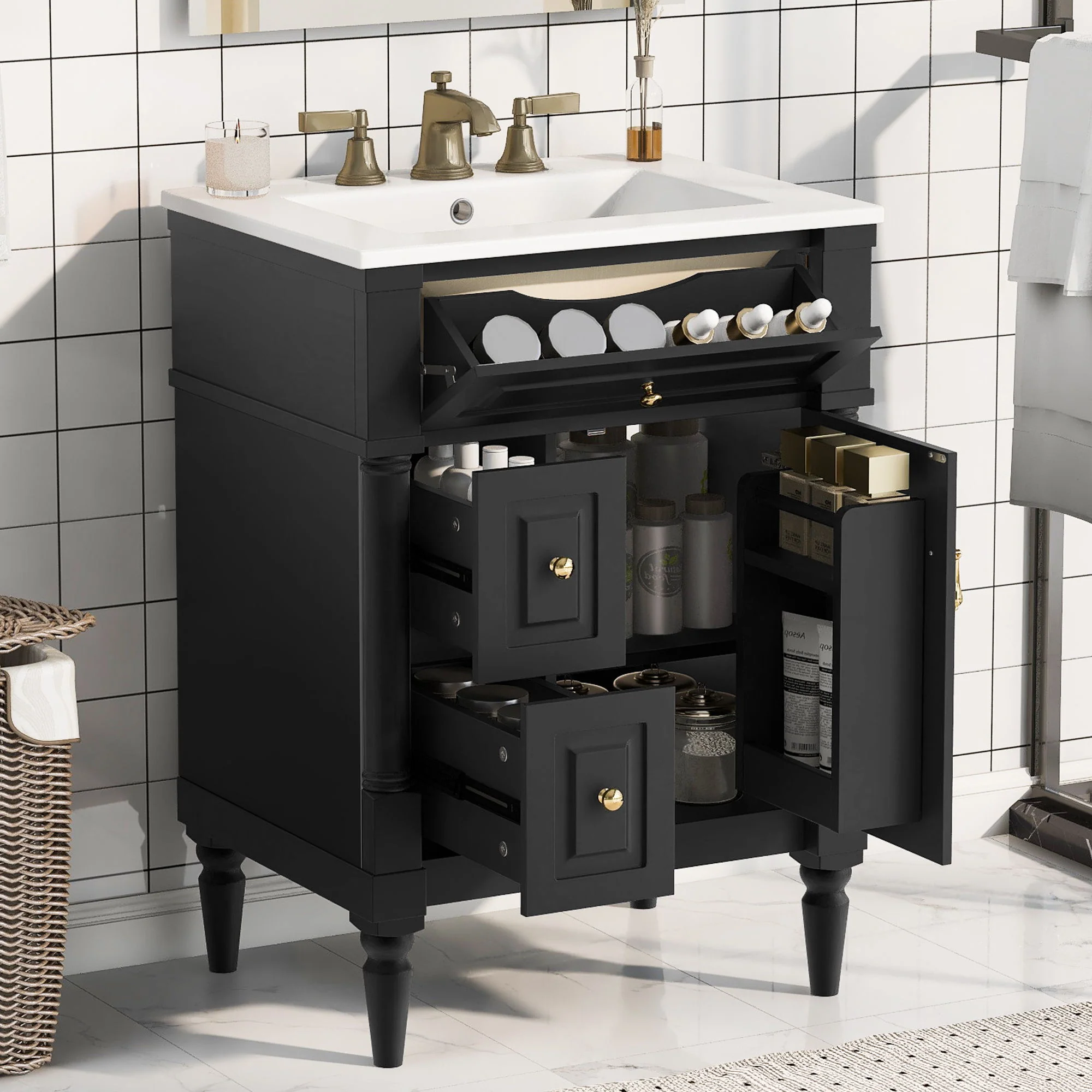 Freestanding Bathroom Vanity With Sink, Adjustable Shelf & Flip Drawer - Image 6