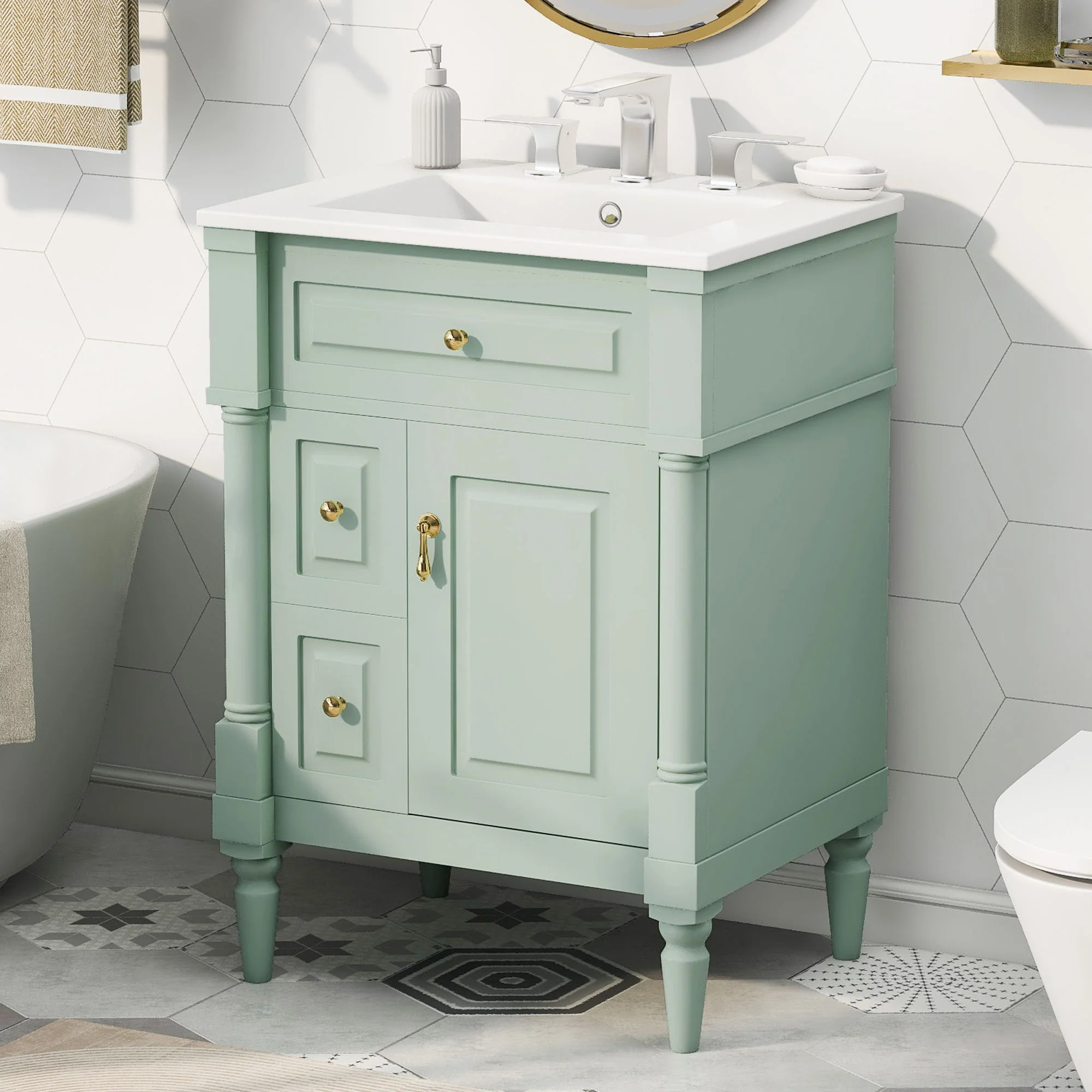 Freestanding Bathroom Vanity With Sink, Adjustable Shelf & Flip Drawer - Image 9