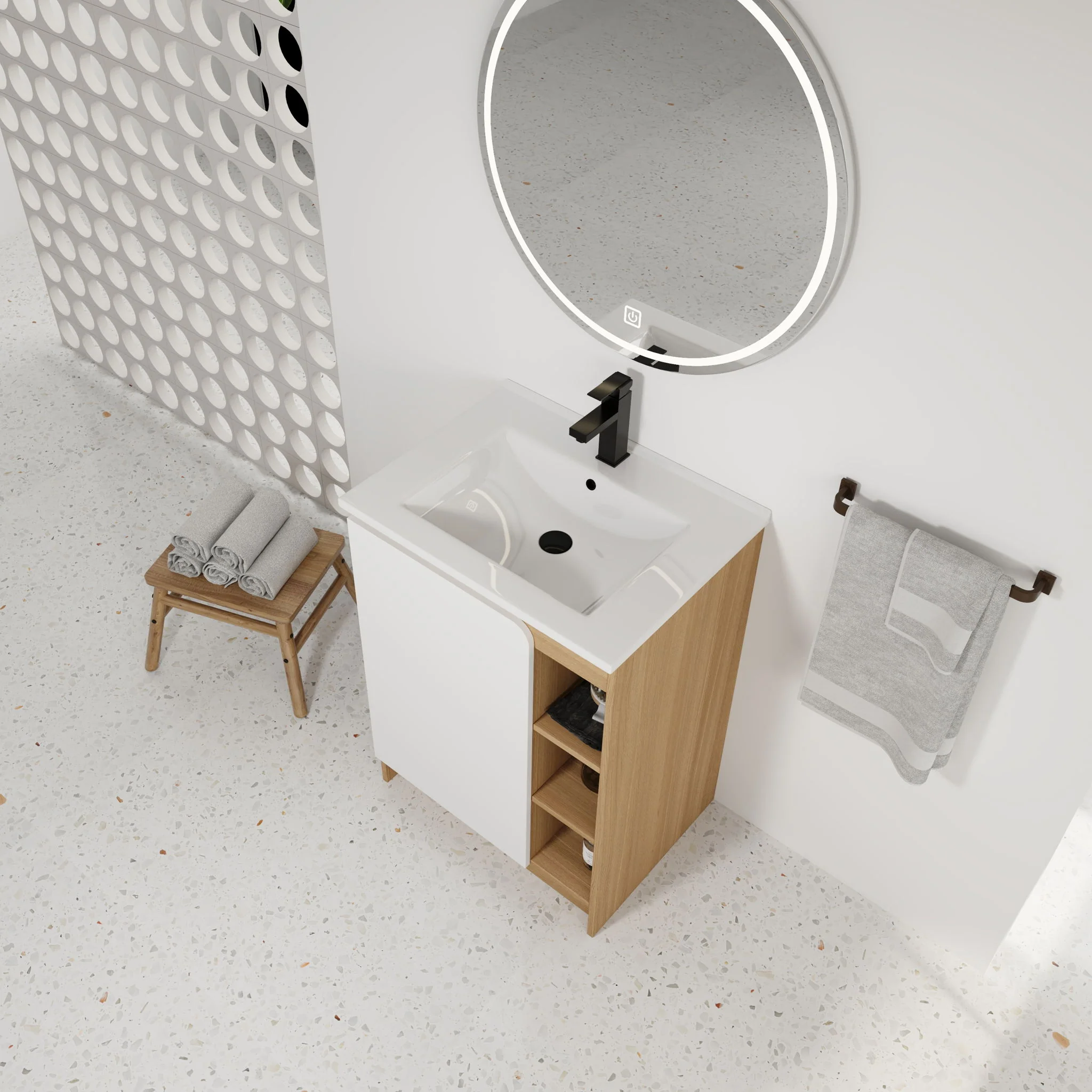 Freestanding Bathroom Vanity With Thin Rim Sink, Single Door With 4 Tier Open Shelves - Light Oak / White - Image 5