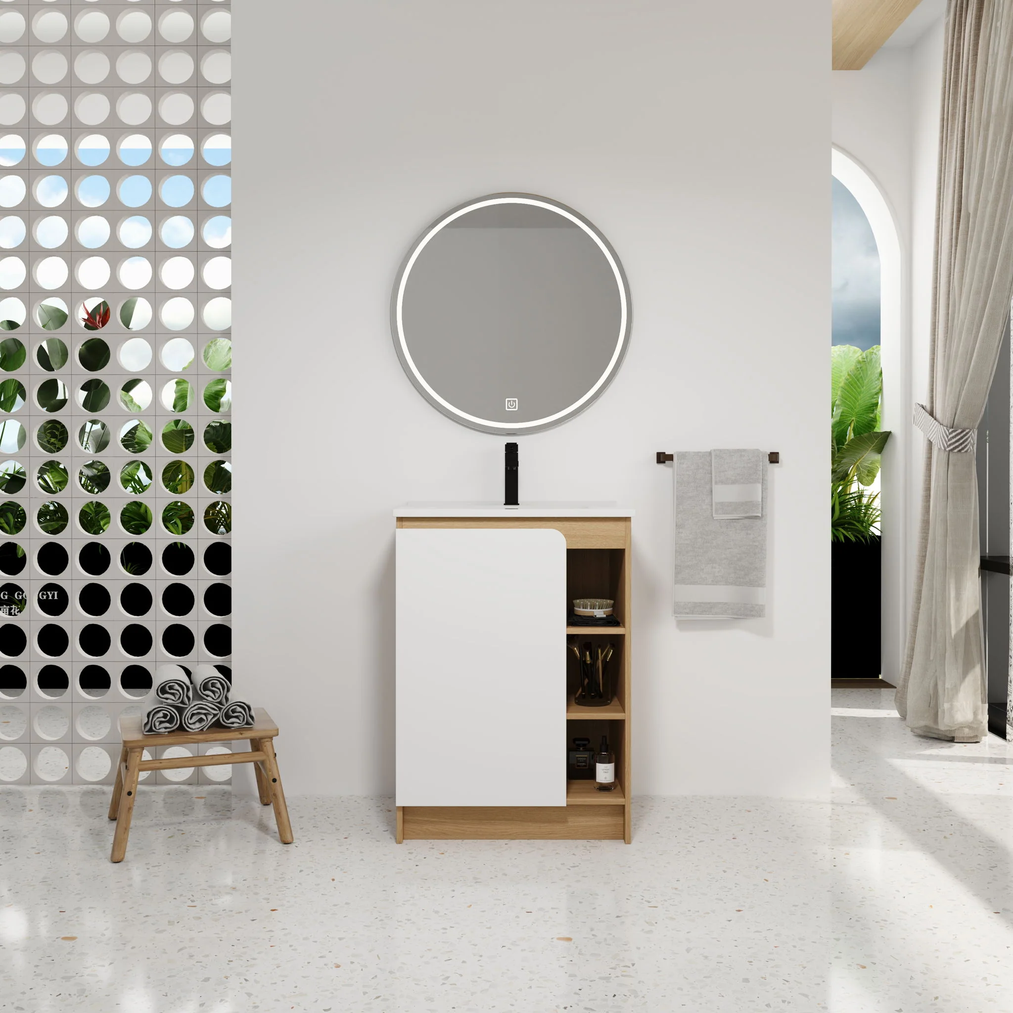 Freestanding Bathroom Vanity With Thin Rim Sink, Single Door With 4 Tier Open Shelves - Light Oak / White - Image 6