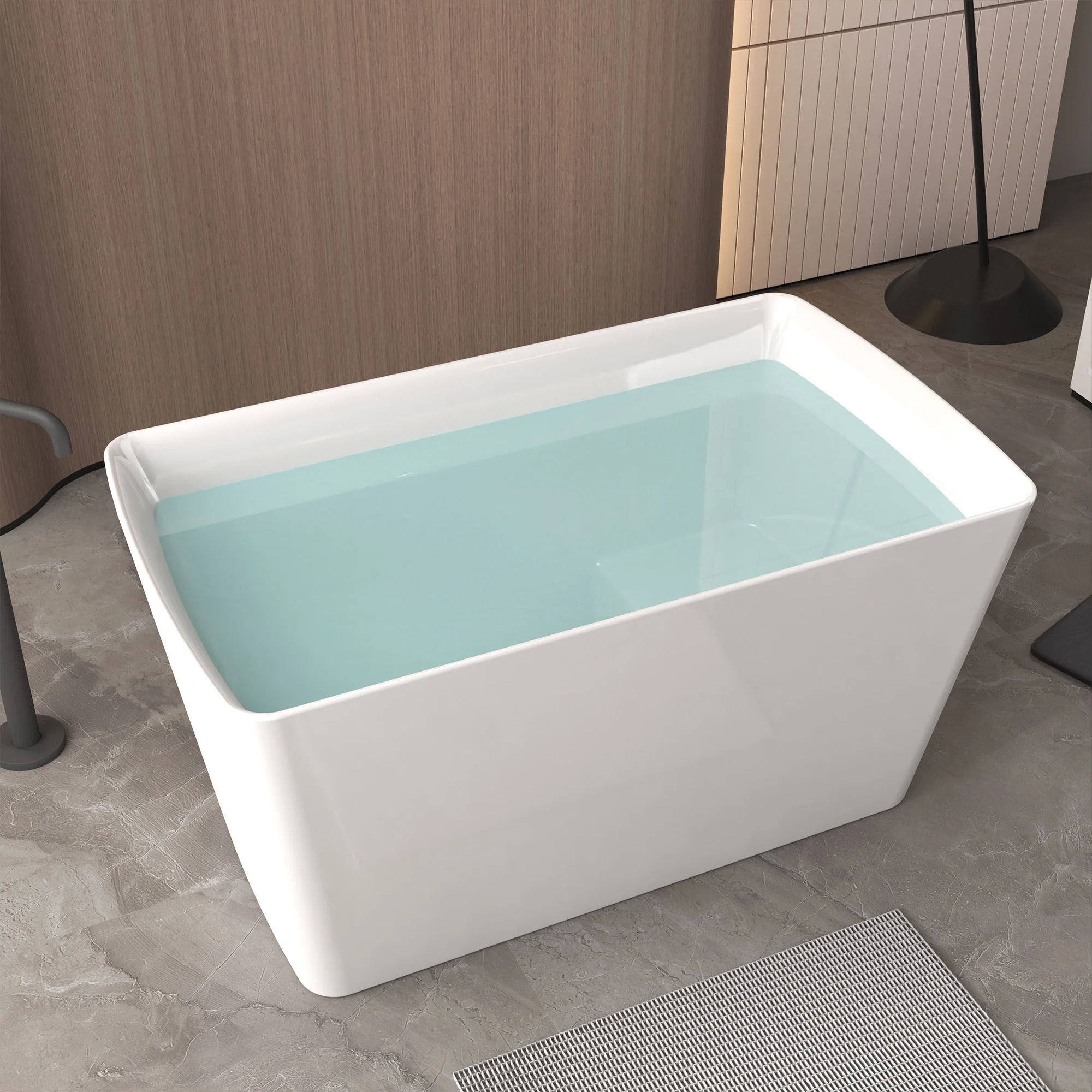 Freestanding Bathtub With Built In Seat, Rectangle Shape, Invisible Overflow & Pop Up Drain - Gloss White - Image 2