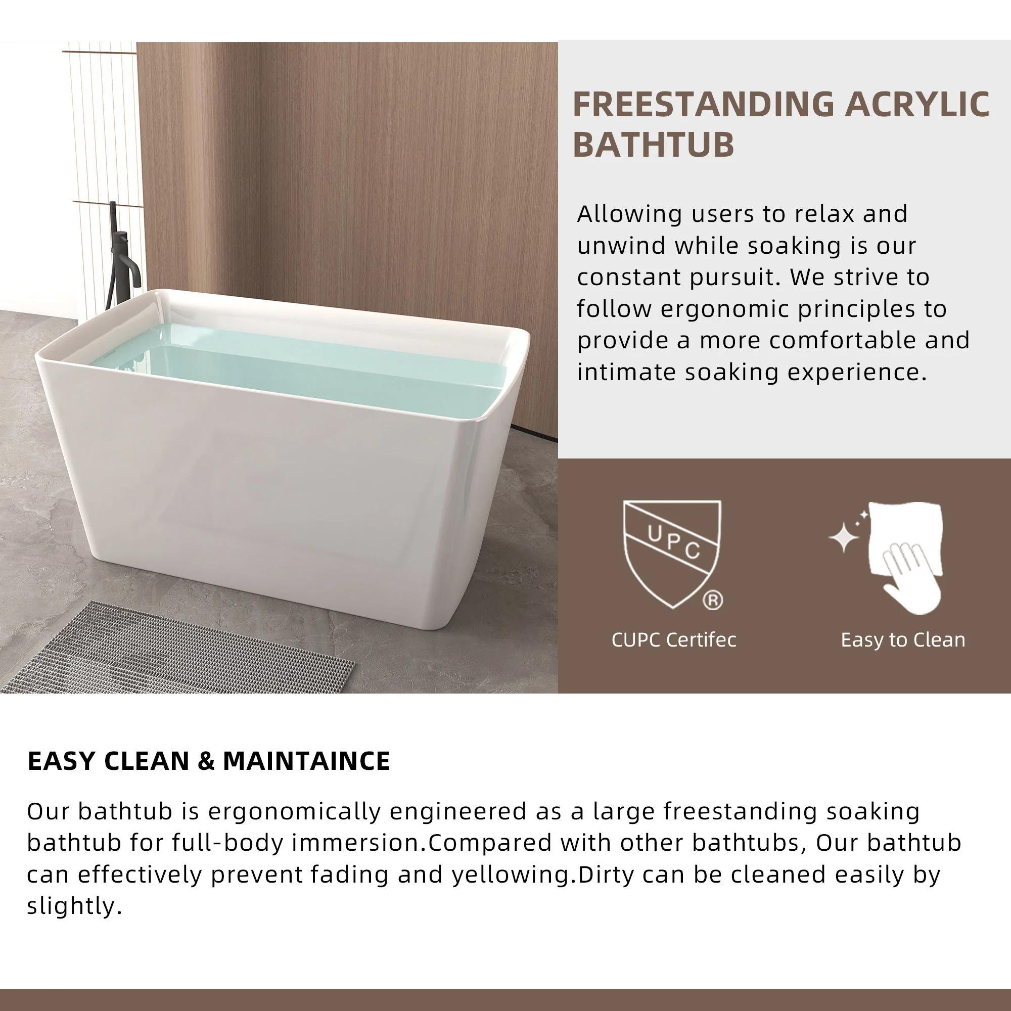 Freestanding Bathtub With Built In Seat, Rectangle Shape, Invisible Overflow & Pop Up Drain - Gloss White - Image 4