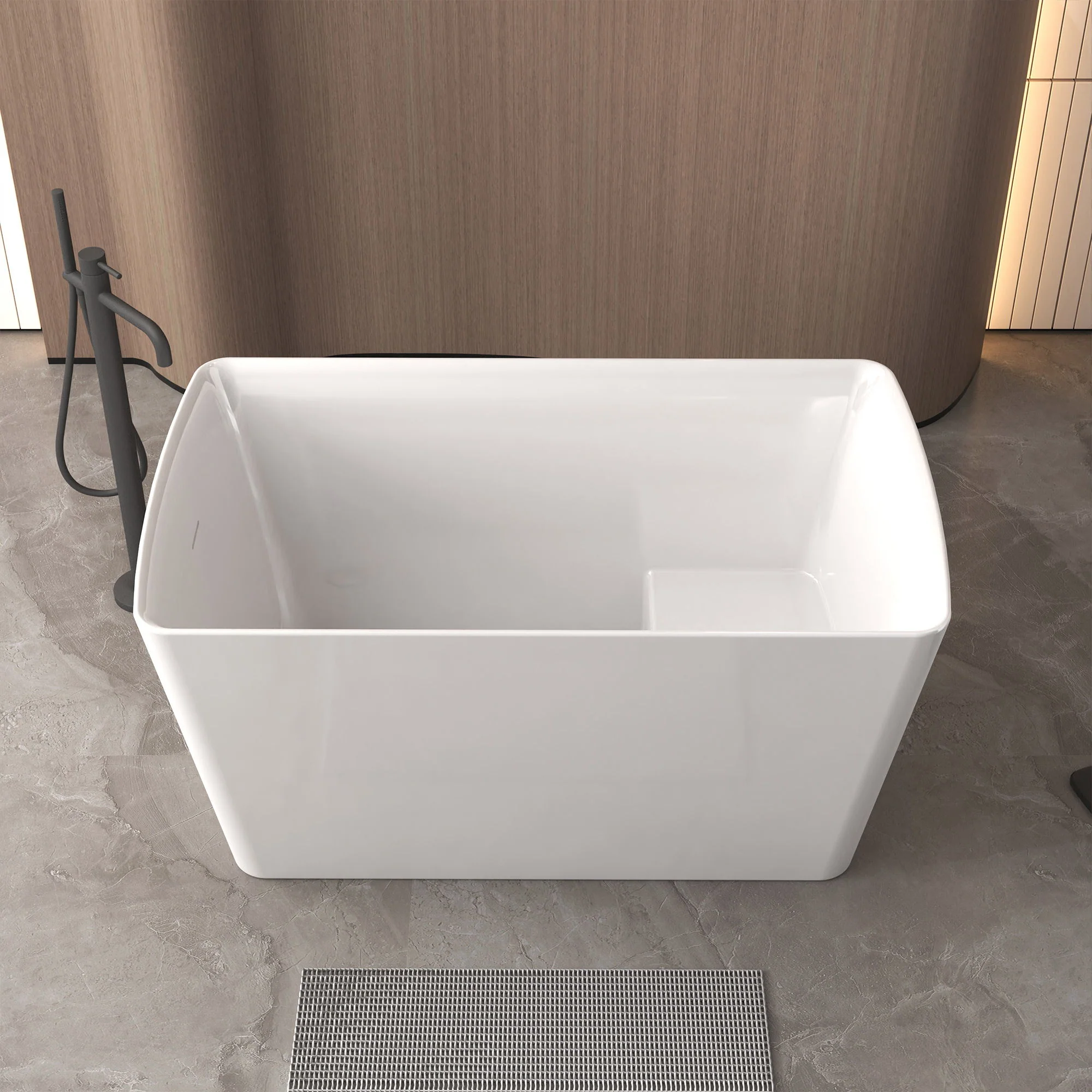 Freestanding Bathtub With Built In Seat, Rectangle Shape, Invisible Overflow & Pop Up Drain - Gloss White - Image 7