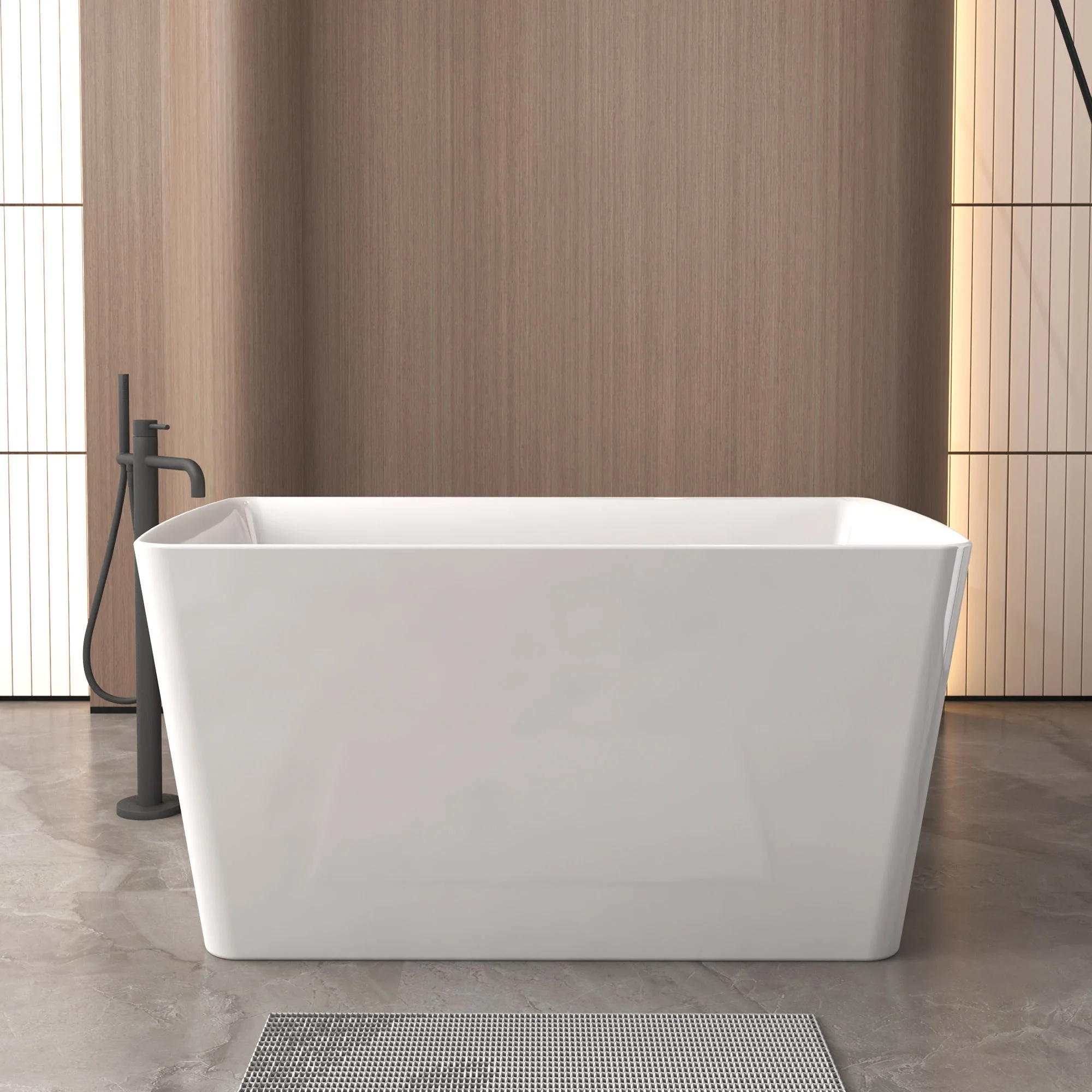 Freestanding Bathtub With Built In Seat, Rectangle Shape, Invisible Overflow & Pop Up Drain - Gloss White - Image 8