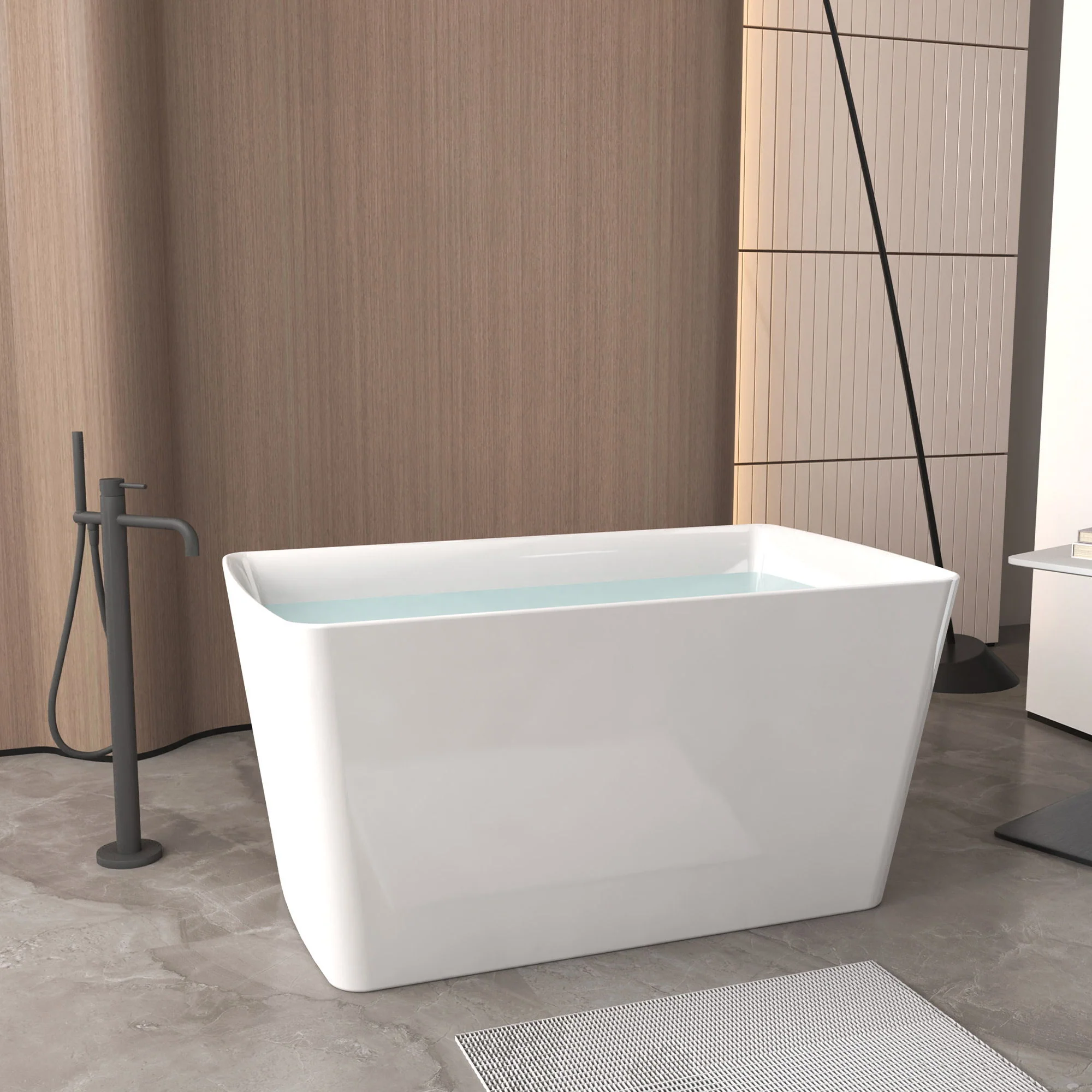 Freestanding Bathtub With Built In Seat, Rectangle Shape, Invisible Overflow & Pop Up Drain - Gloss White - Image 9