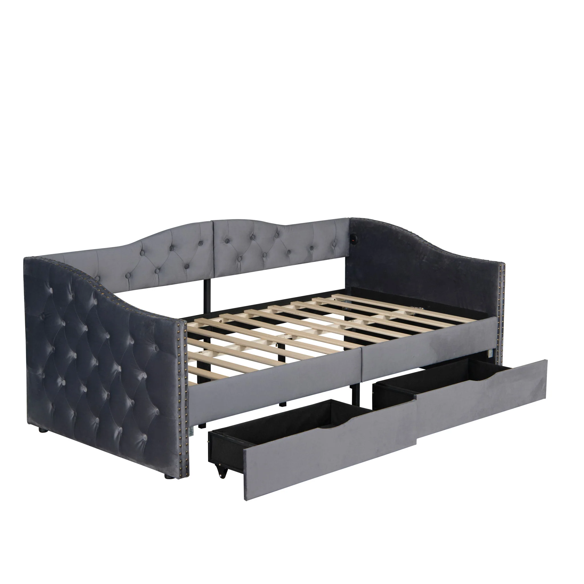Full Size Bed Frame, Upholstered Cloud Bed Frame With Headboard, 2 Storage Drawers And 2 USB Charging Design, No Box Spring Needed - Gray