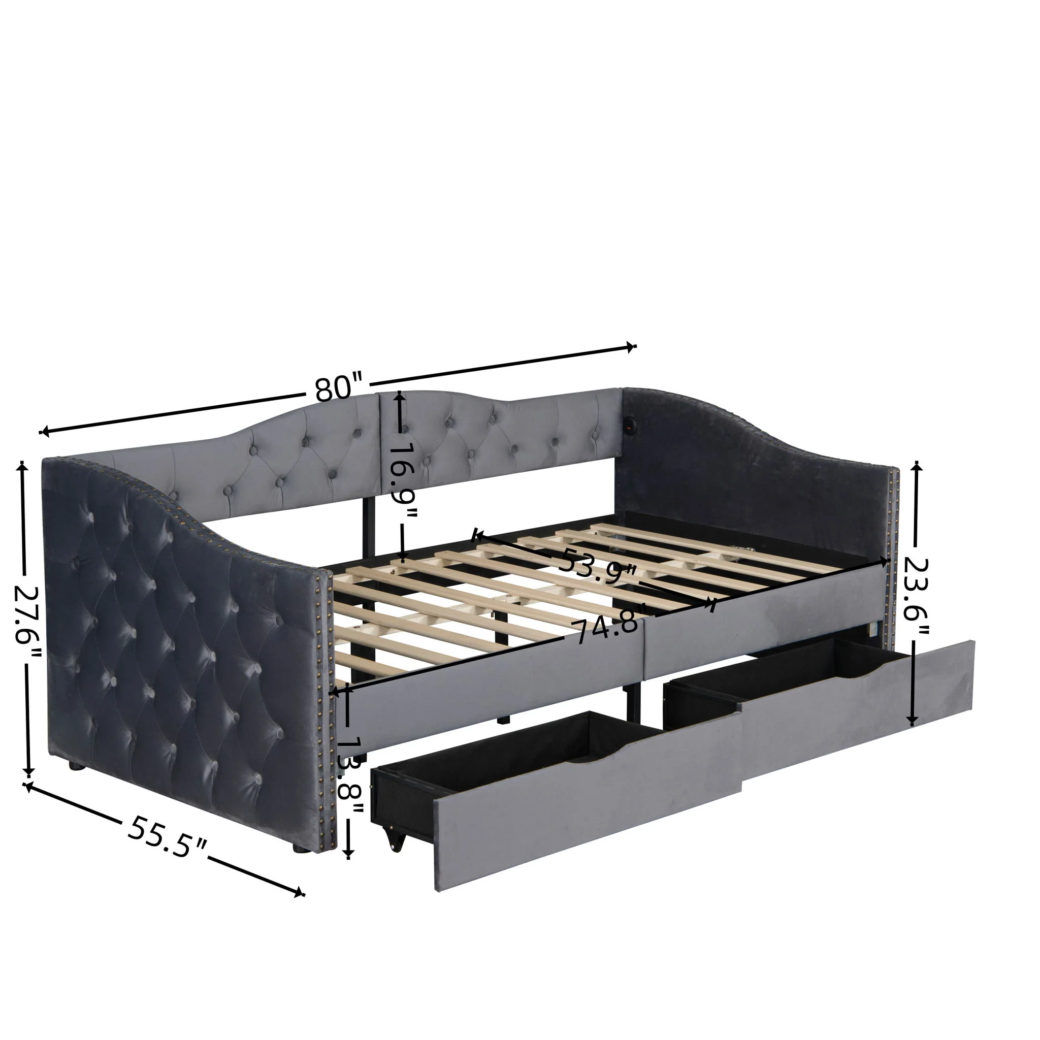 Full Size Bed Frame, Upholstered Cloud Bed Frame With Headboard, 2 Storage Drawers And 2 USB Charging Design, No Box Spring Needed - Gray - Image 5