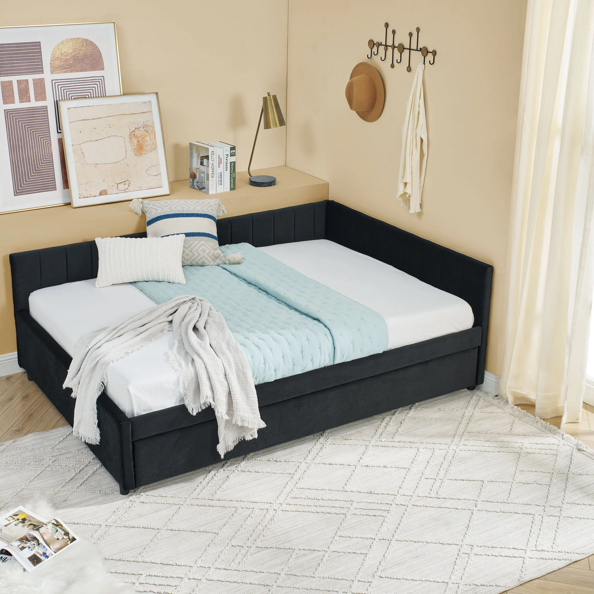 Full Size Upholstered Daybed With Trundle, Tufted Backrest And Armrests - Black - Image 9