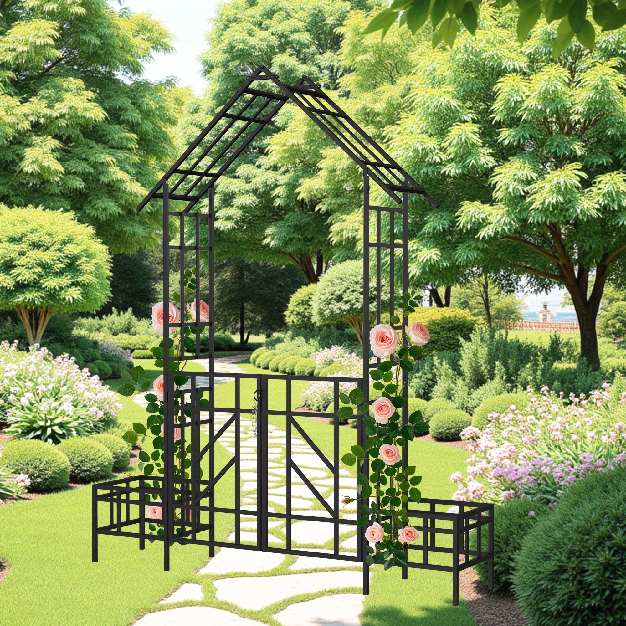 Garden Arch With Gate With Planter, Climbing Plants Support Outdoor - Black - Image 3