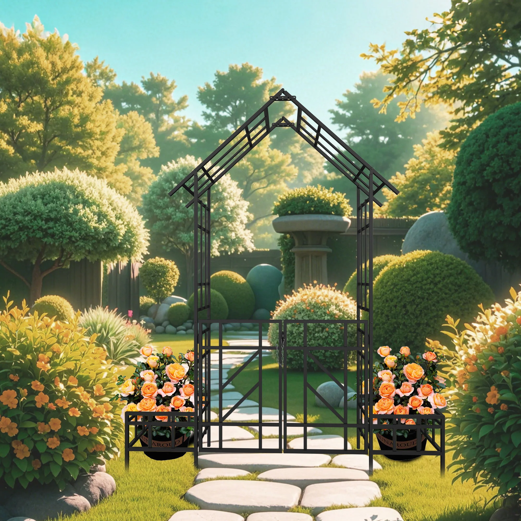 Garden Arch With Gate With Planter, Climbing Plants Support Outdoor - Black - Image 9