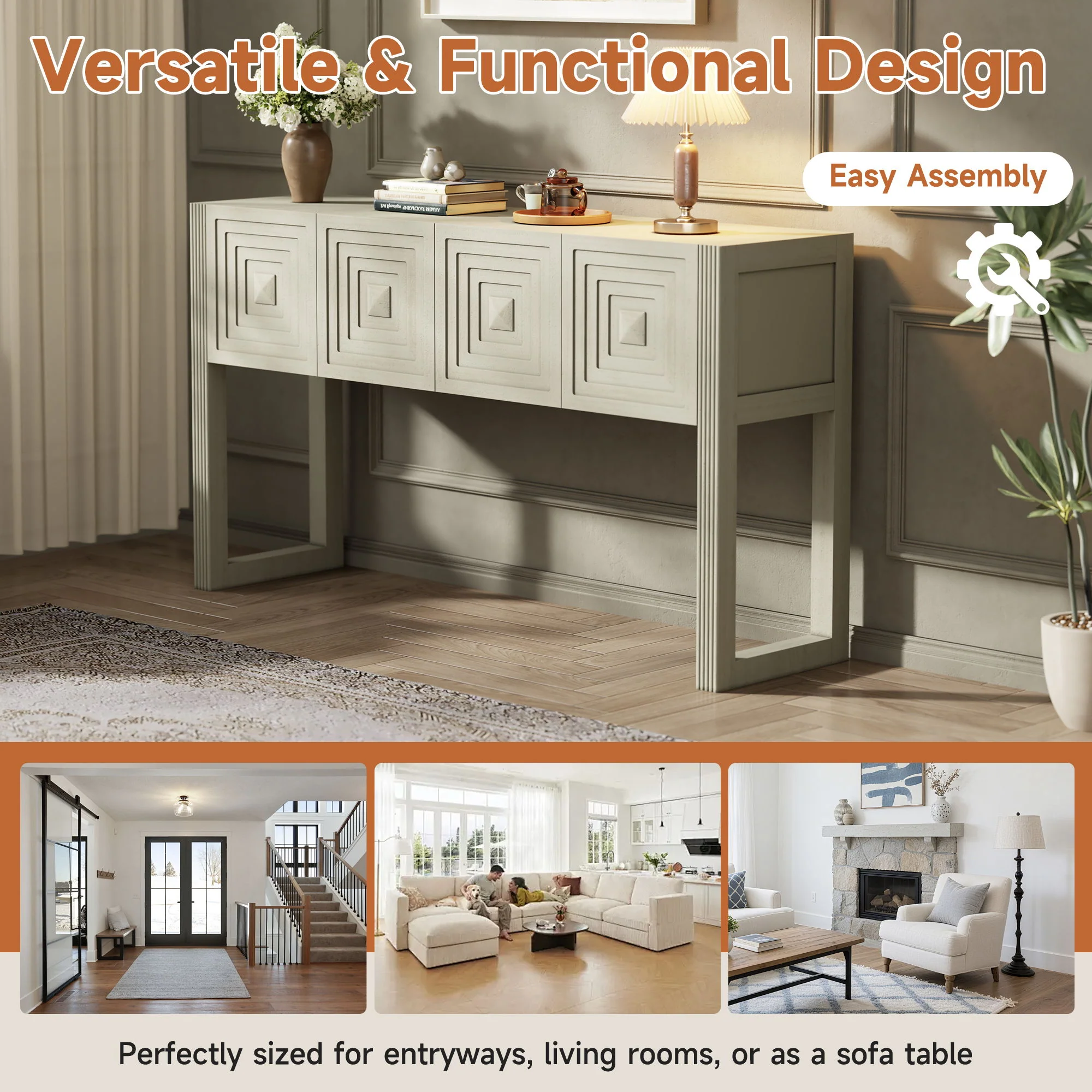 Geometric Carved Console Table With 3 Soft Close Drawers - Image 14