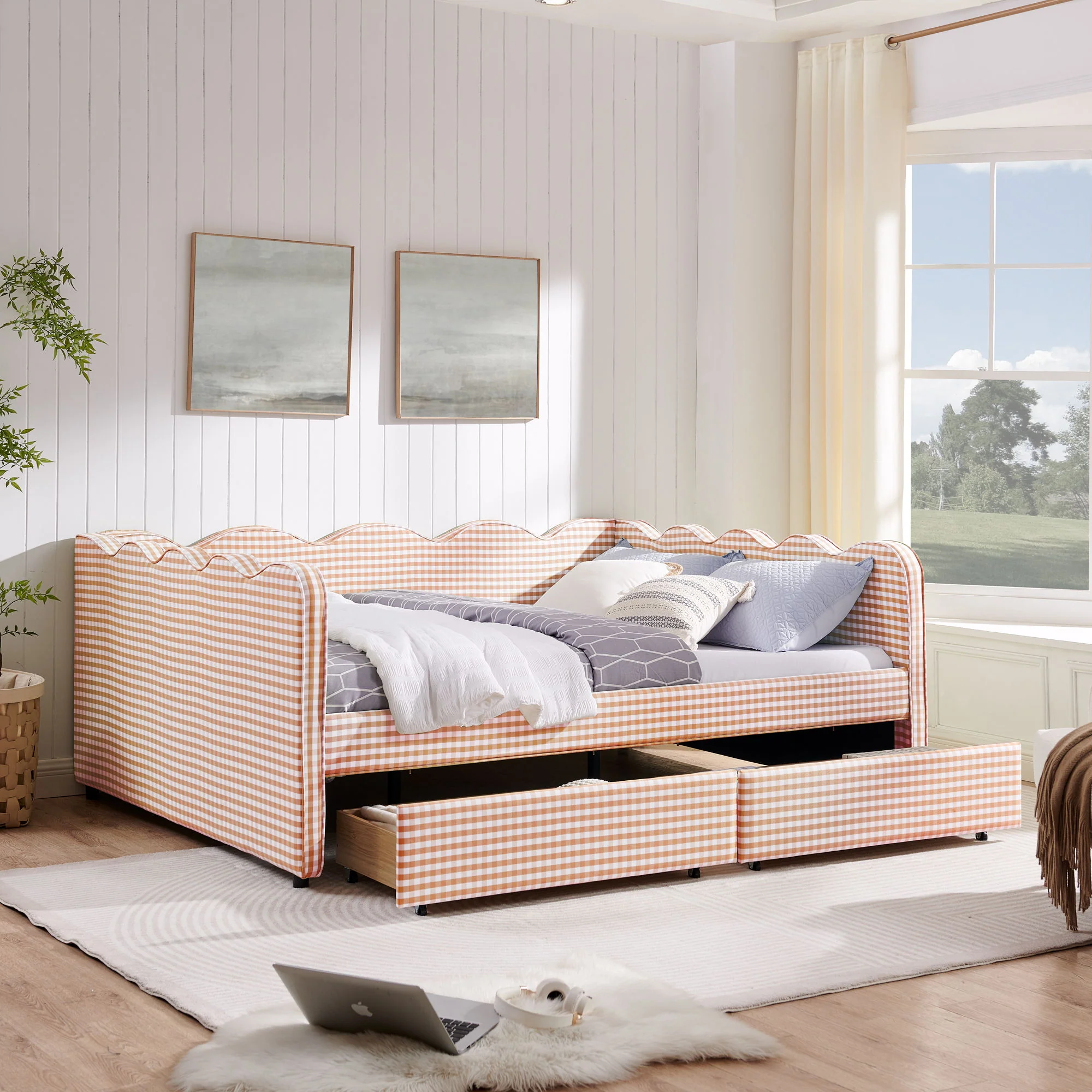 Gingham Daybed With USB Charging Port, Wave-Shaped Design - Image 115