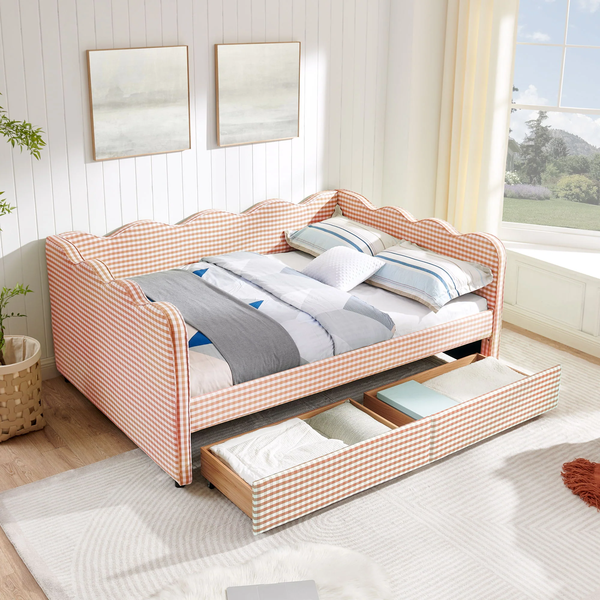 Gingham Daybed With USB Charging Port, Wave-Shaped Design - Image 125
