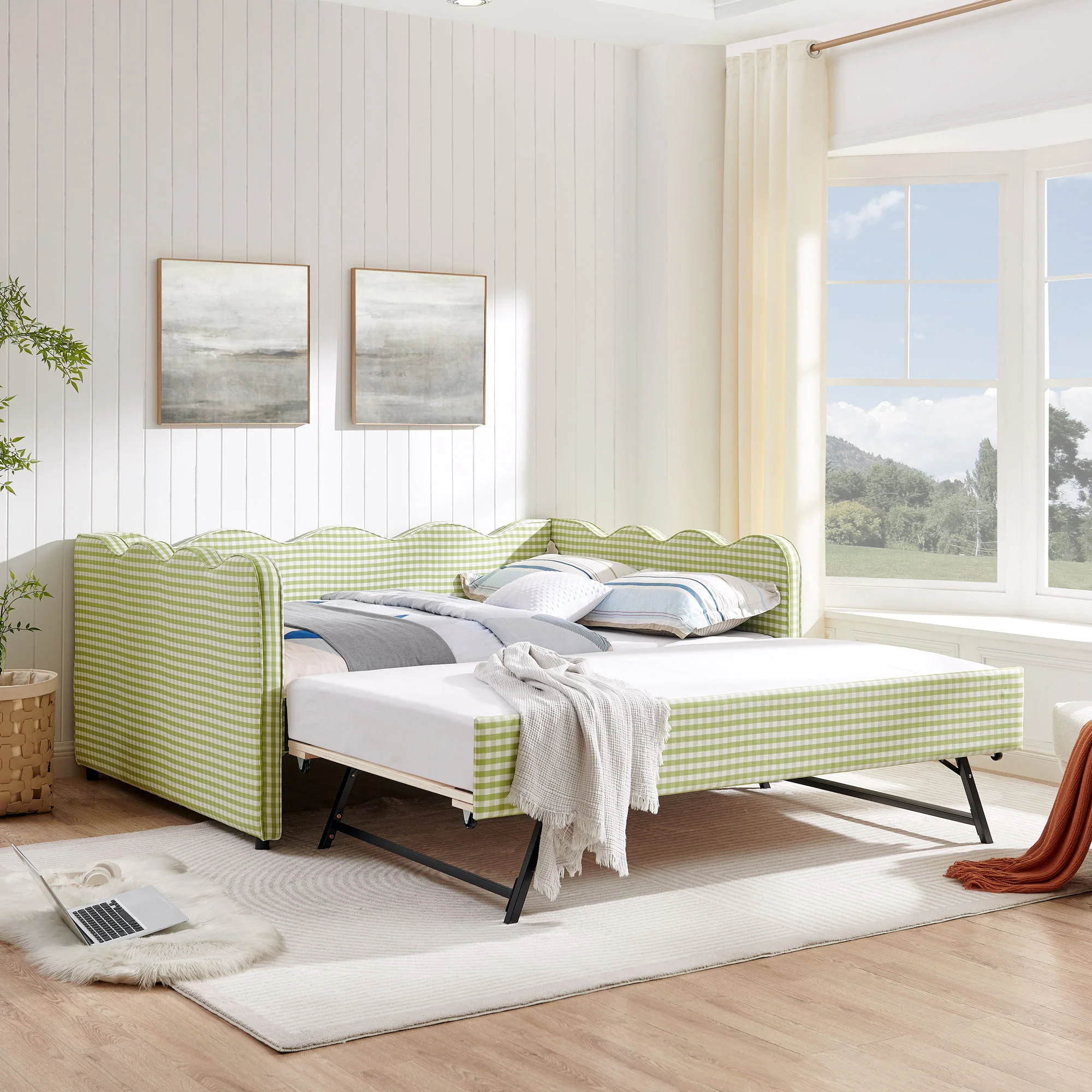 Gingham Daybed With USB Charging Port, Wave-Shaped Design - Image 146