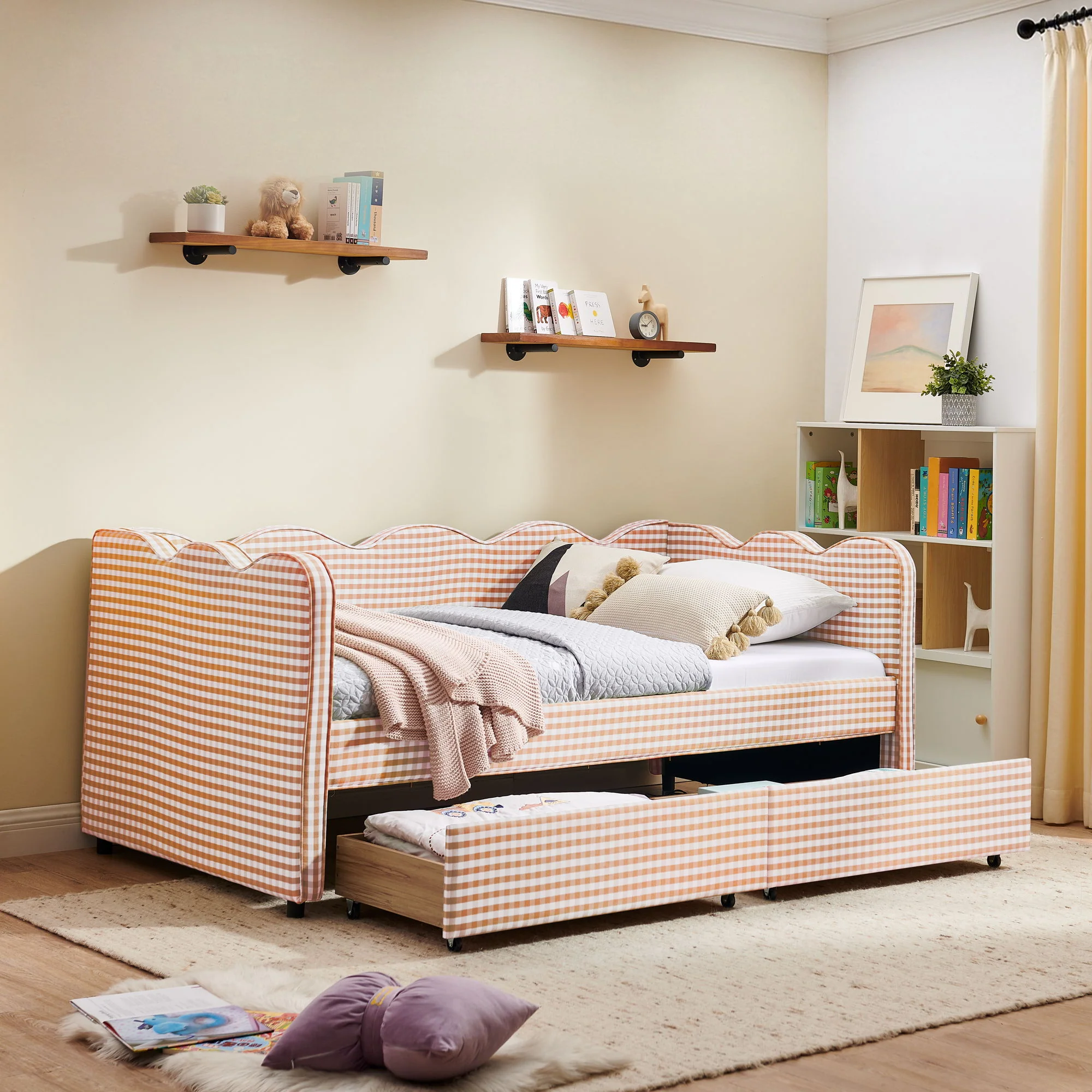 Gingham Daybed With USB Charging Port, Wave-Shaped Design - Image 151