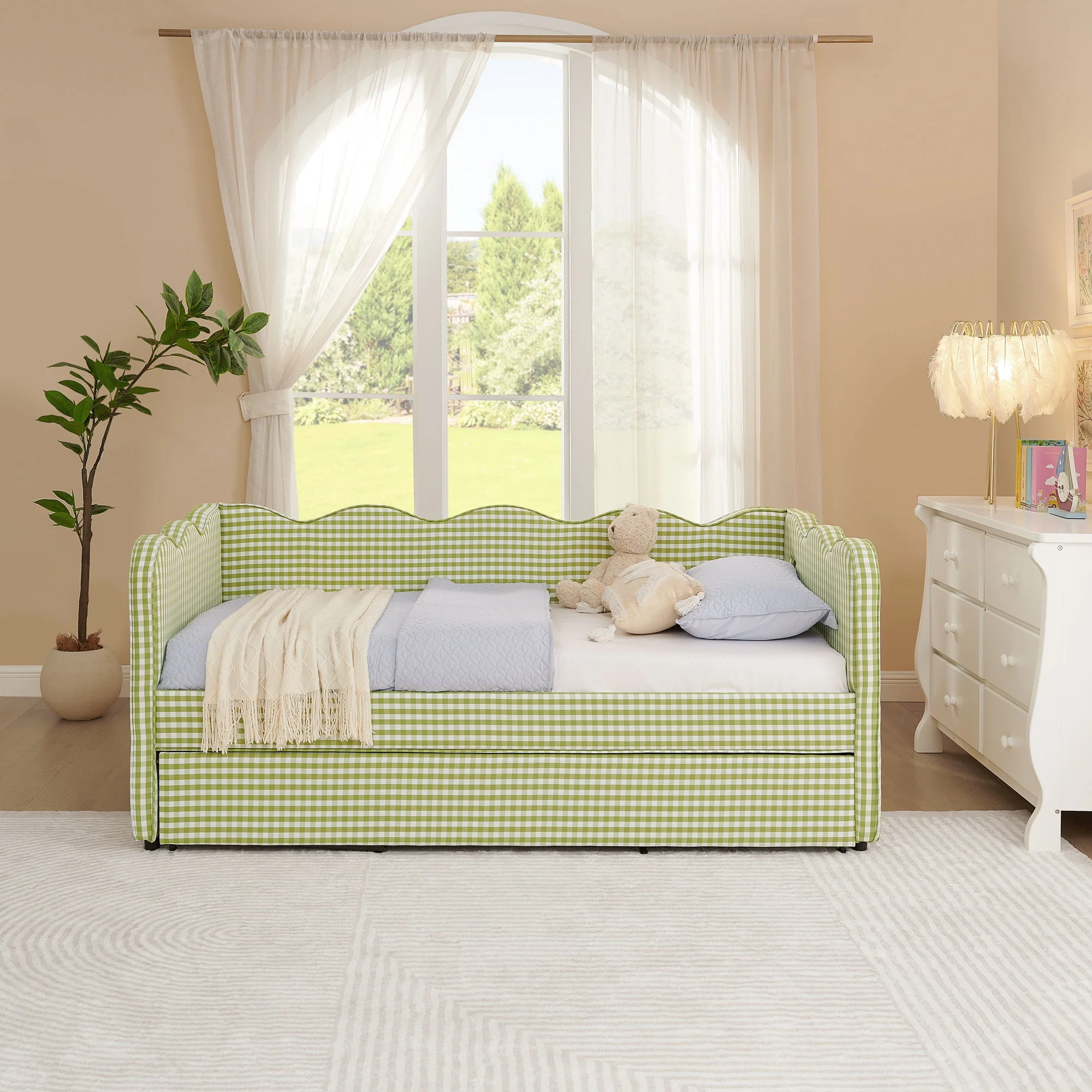 Gingham Daybed With USB Charging Port, Wave-Shaped Design - Image 153