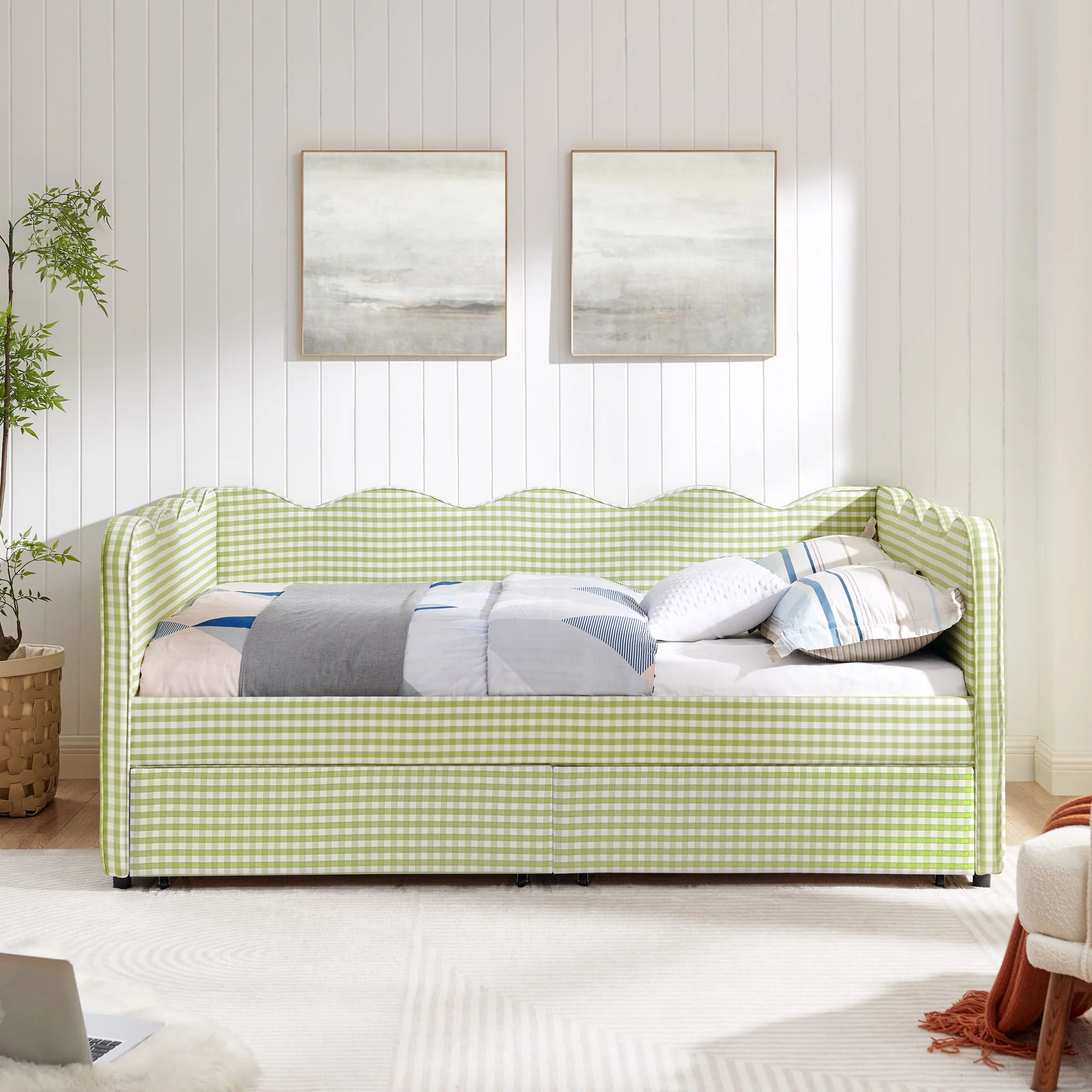 Gingham Daybed With USB Charging Port, Wave-Shaped Design - Image 155