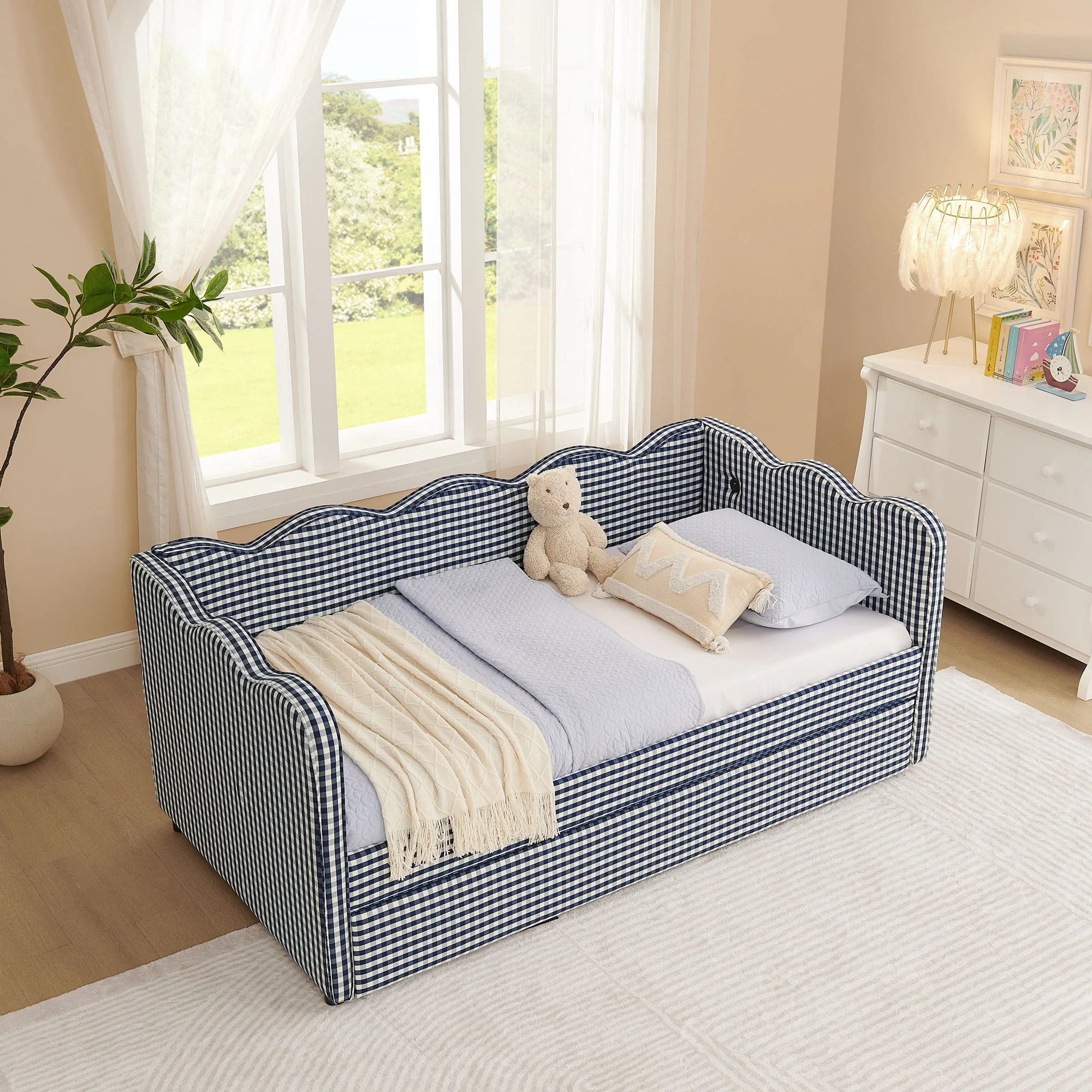 Gingham Daybed With USB Charging Port, Wave-Shaped Design - Image 22