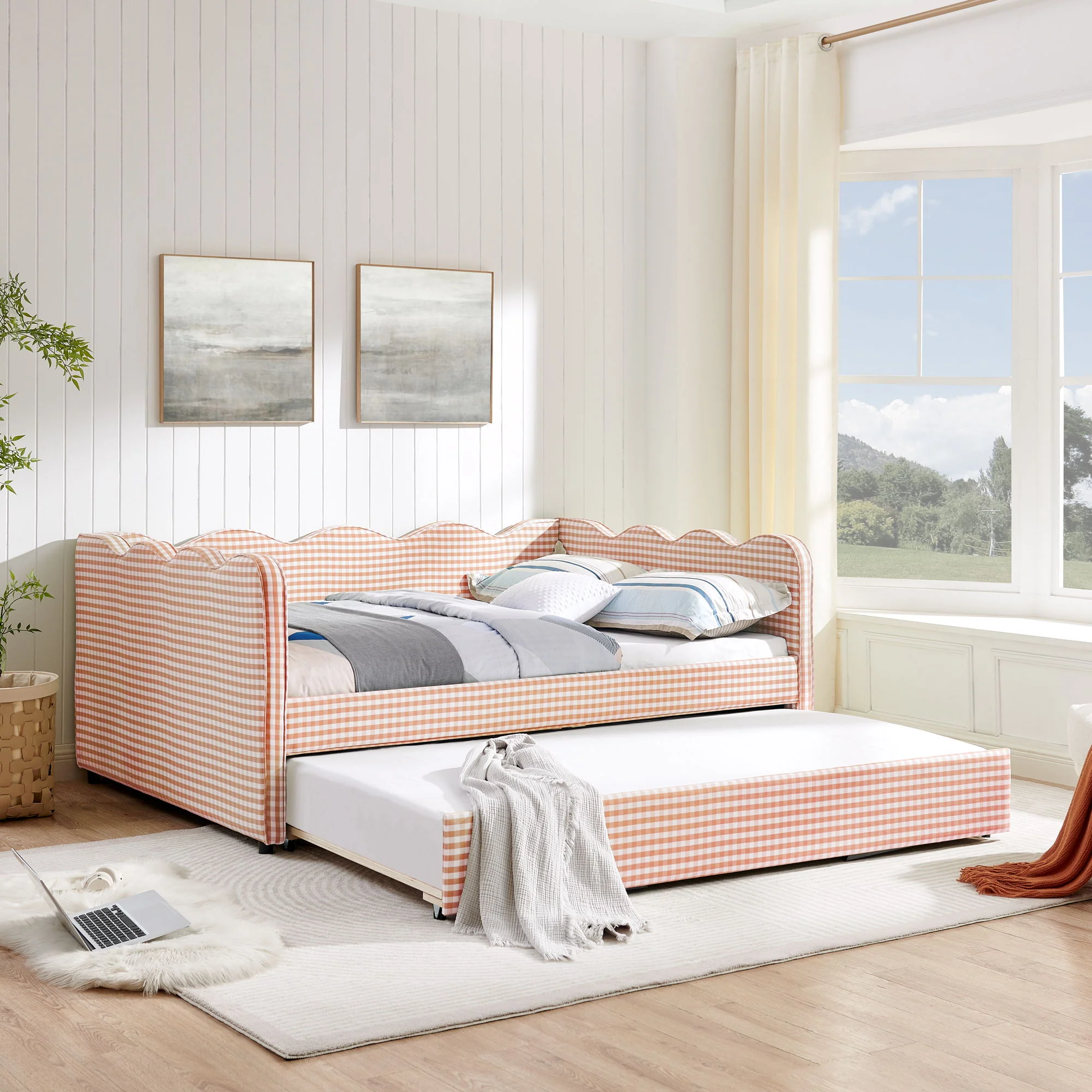 Gingham Daybed With USB Charging Port, Wave-Shaped Design - Image 35