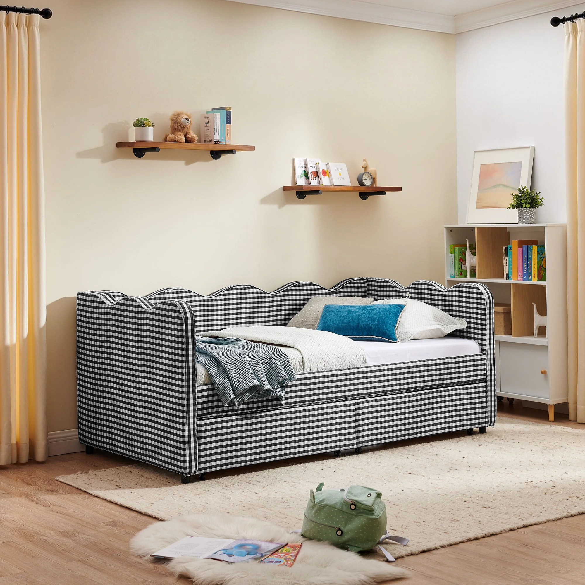 Gingham Daybed With USB Charging Port, Wave-Shaped Design - Image 40