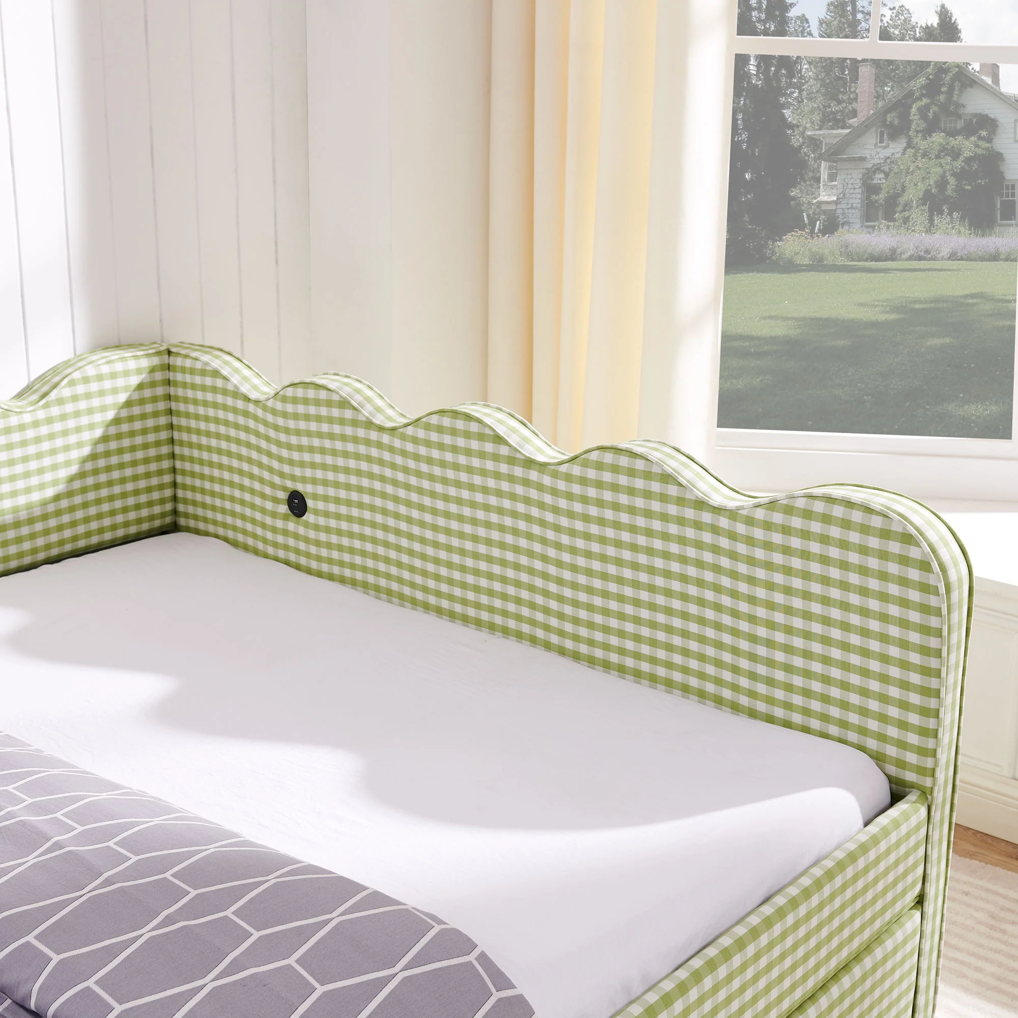 Gingham Daybed With USB Charging Port, Wave-Shaped Design - Image 64