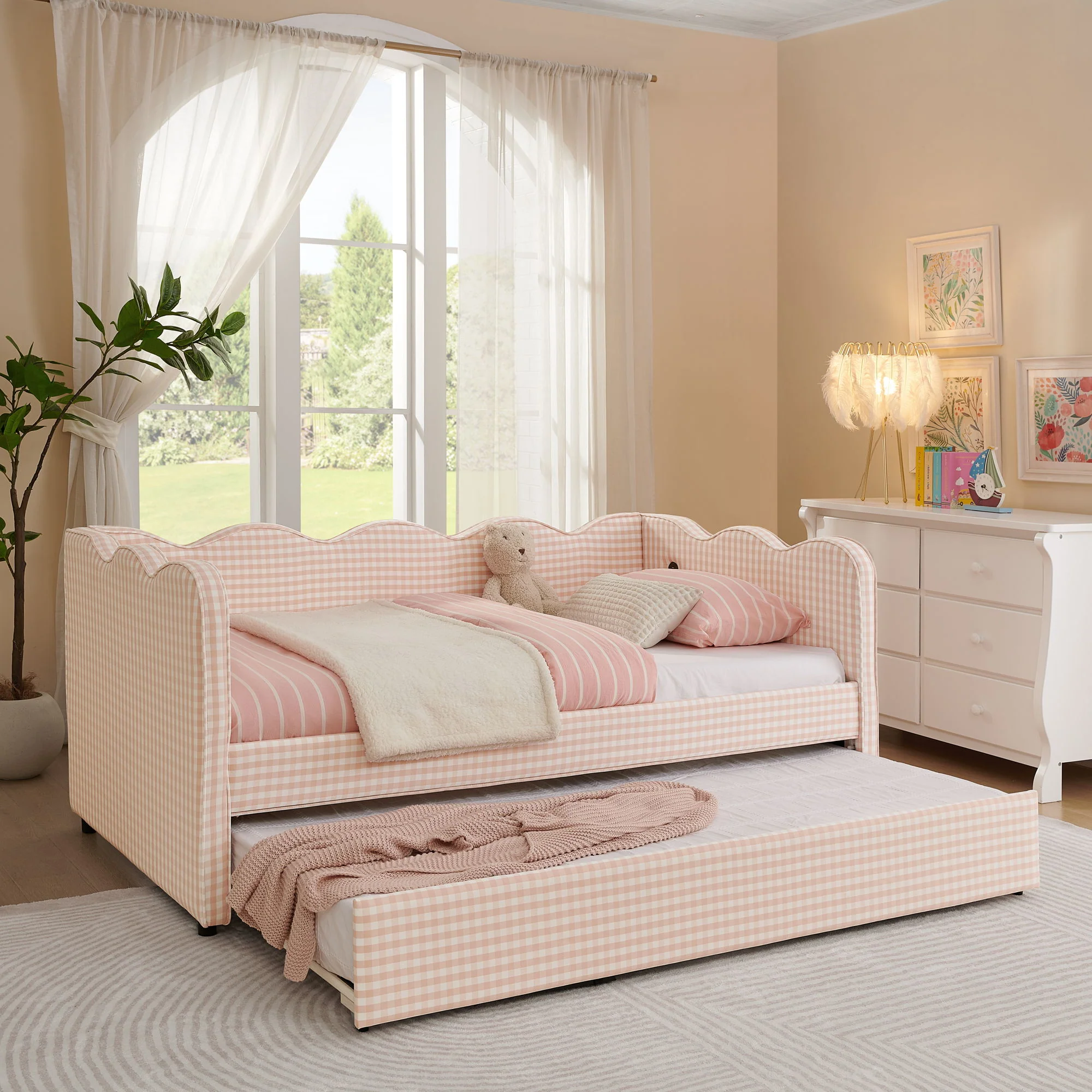 Gingham Daybed With USB Charging Port, Wave Shaped Design - Image 13