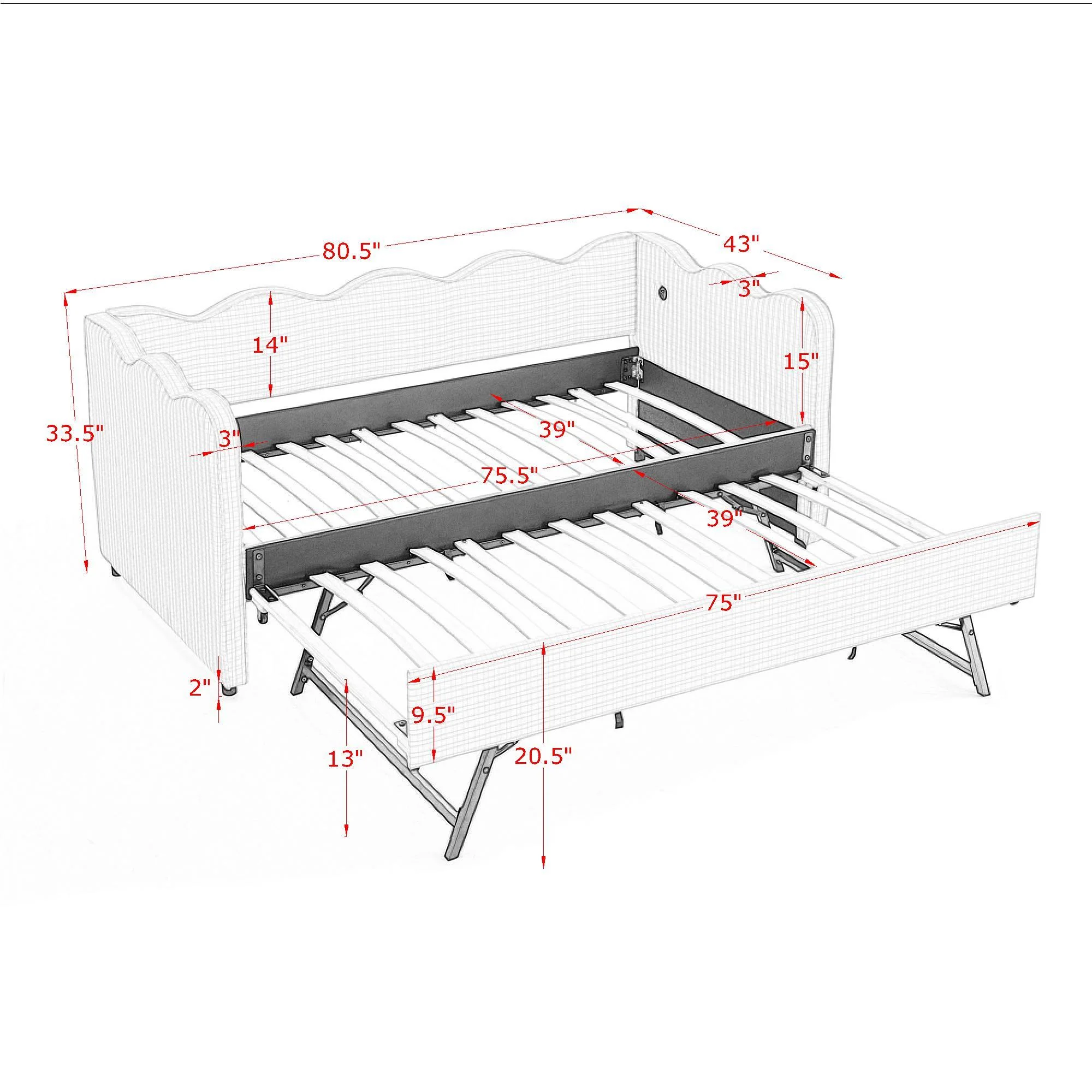 Gingham Daybed With USB Charging Port, Wave Shaped Design - Image 16