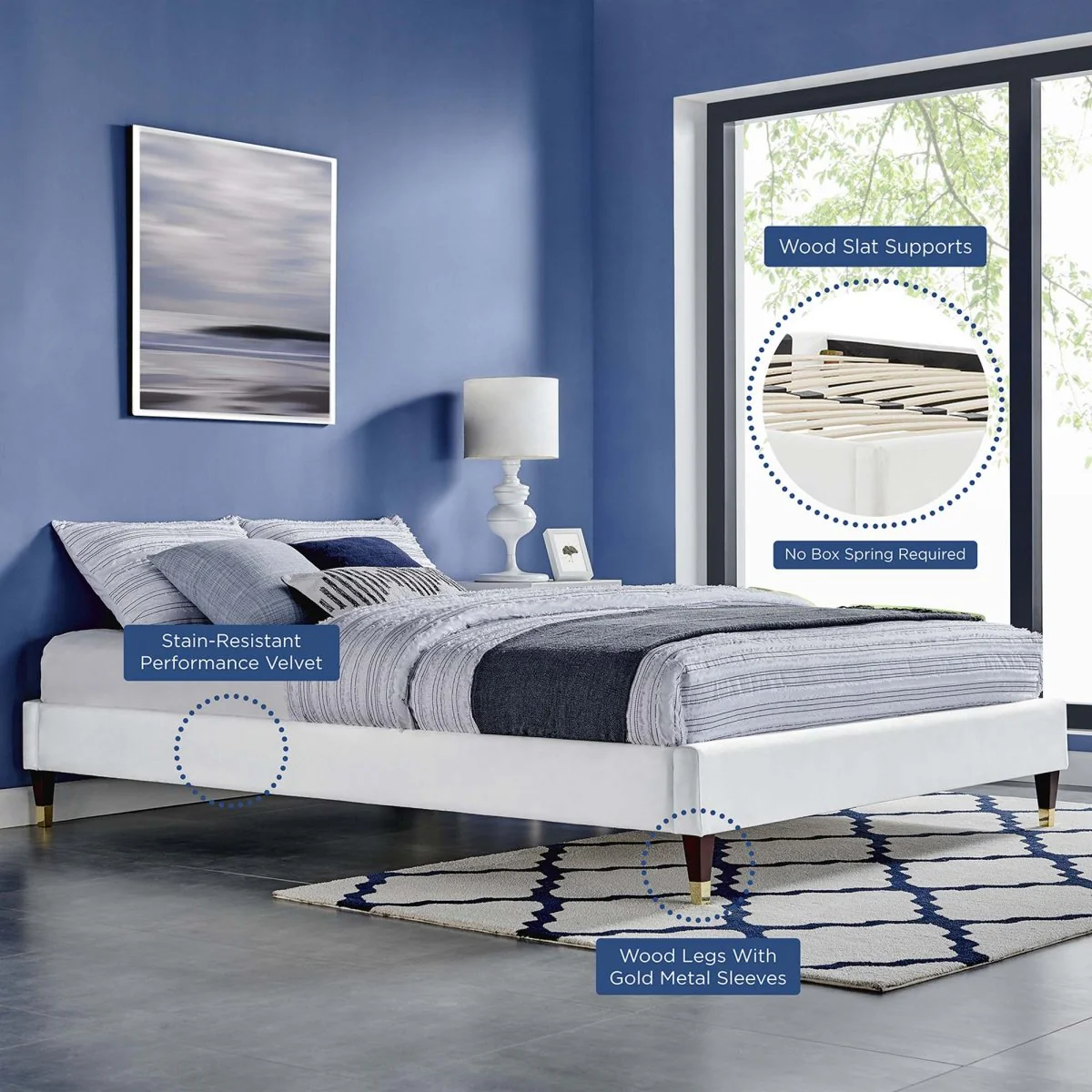 Glam Deco Performance Velvet Platform Bed Frame with Gold Detailed Wood Legs - Image 2