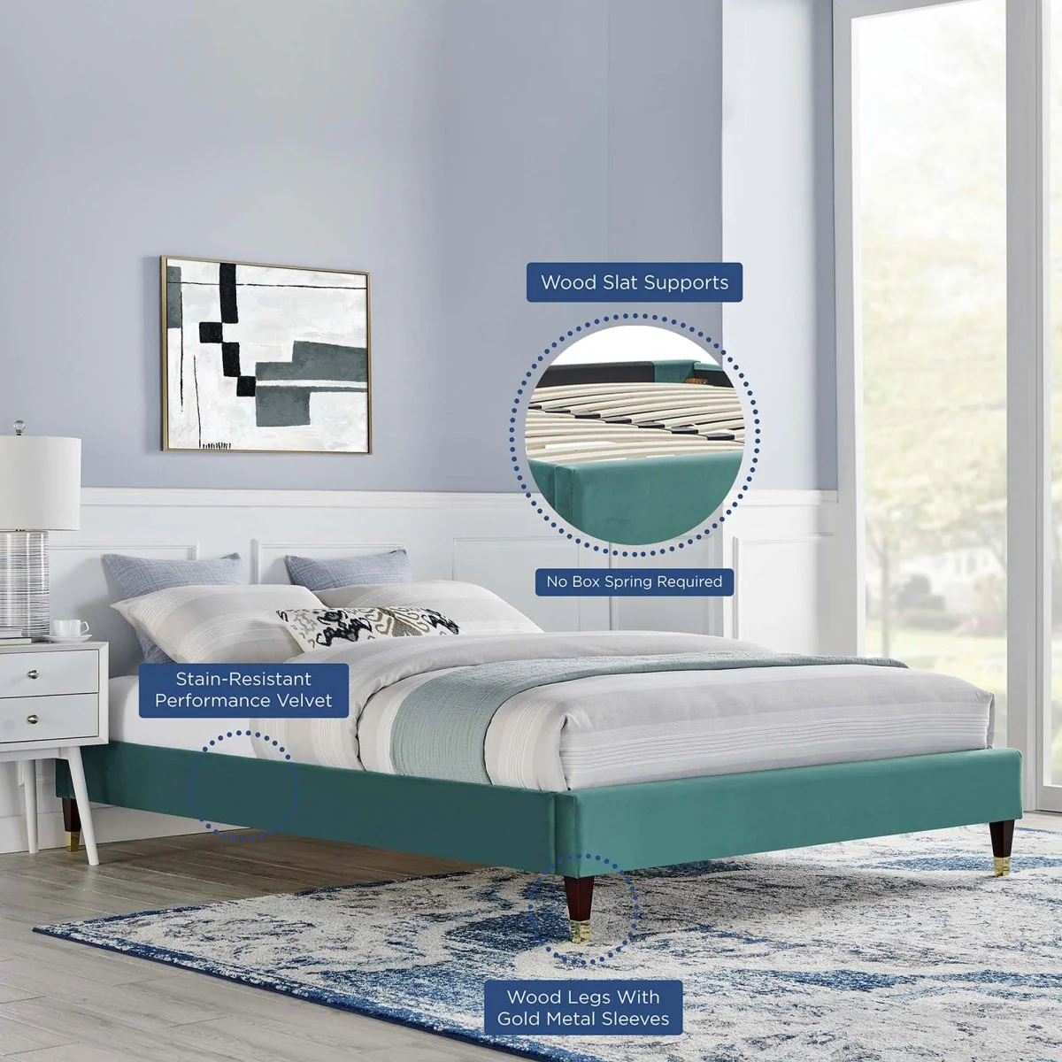 Glam Deco Performance Velvet Platform Bed Frame with Gold Detailed Wood Legs - Image 27