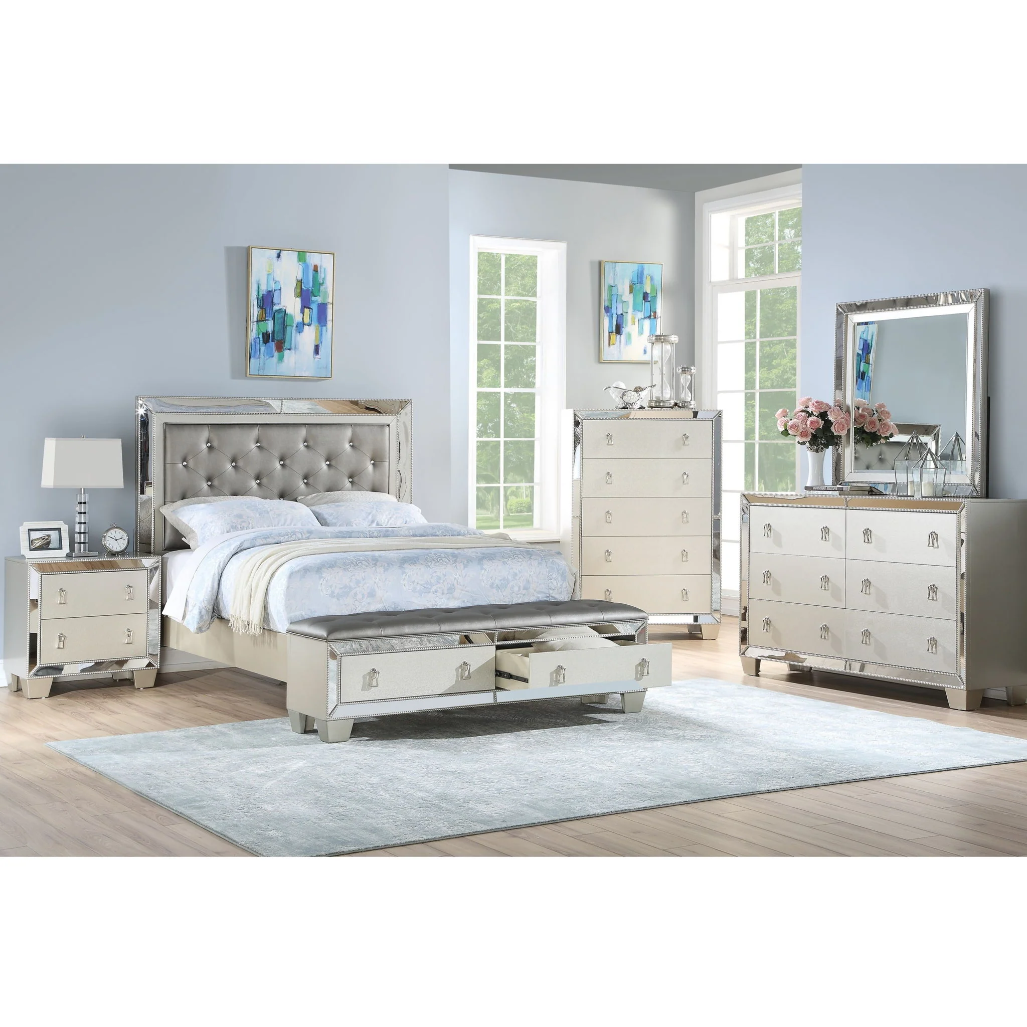 Glamorous Tufted Headboard Bed With Mirror Trim - Image 3