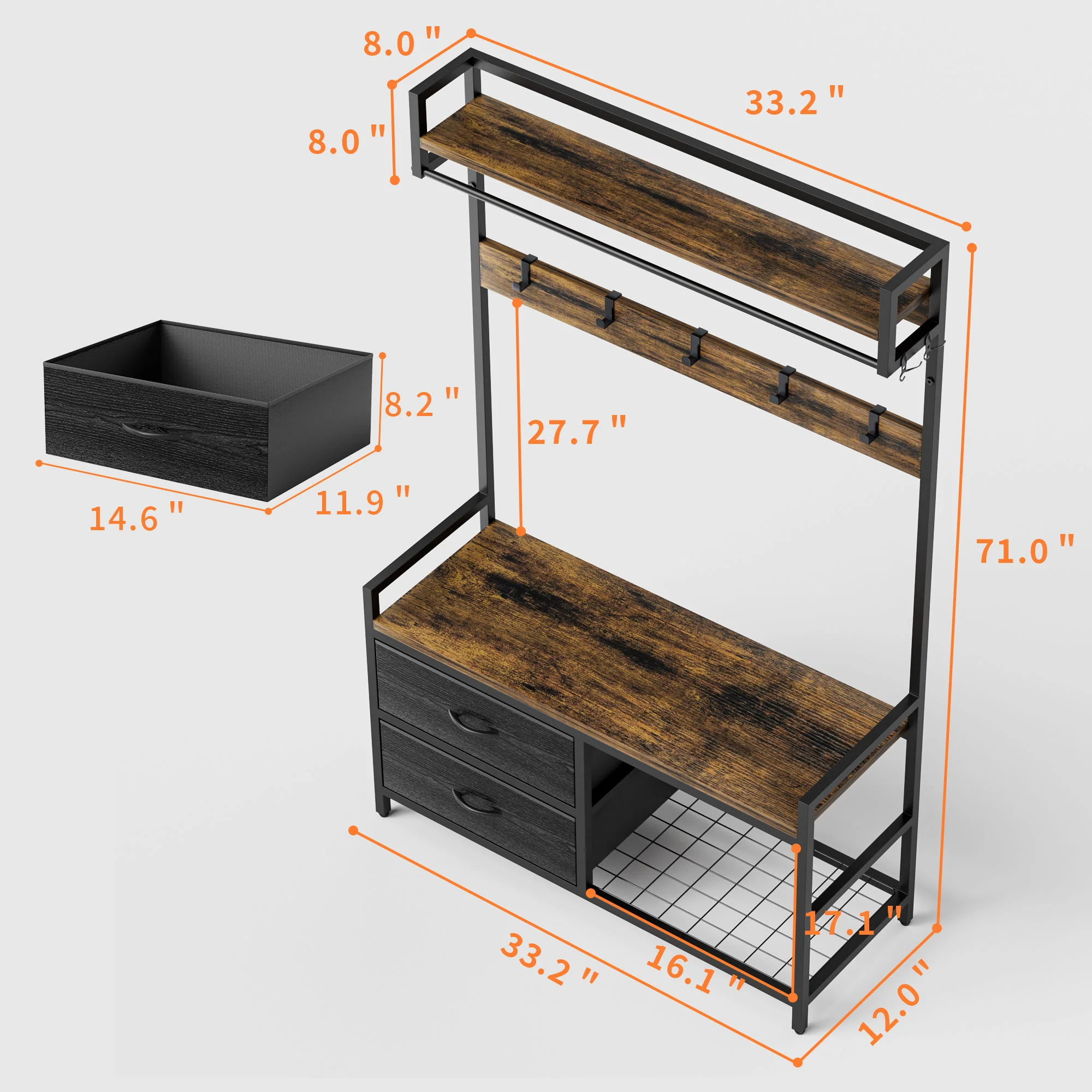 Hall Tree With 2 Movable Drawers, Shoe Storage, Shelves, Garment Racks, And 23 Hooks For Entryway - Rustic Brown - Image 4