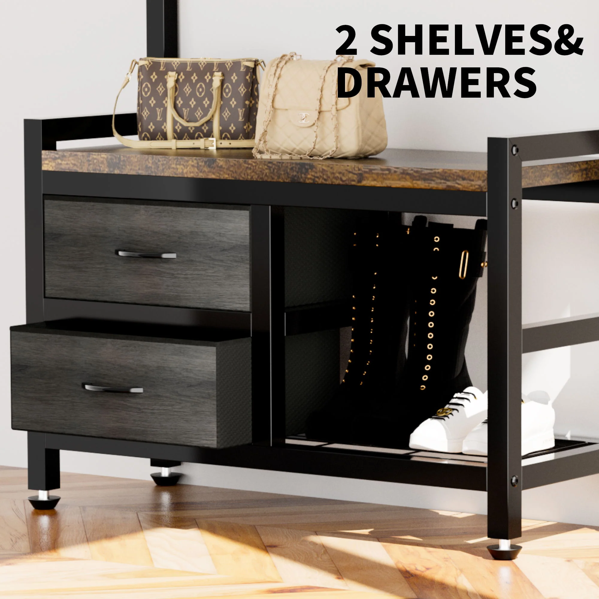 Hall Tree With 2 Movable Drawers, Shoe Storage, Shelves, Garment Racks, And 23 Hooks For Entryway - Rustic Brown - Image 5