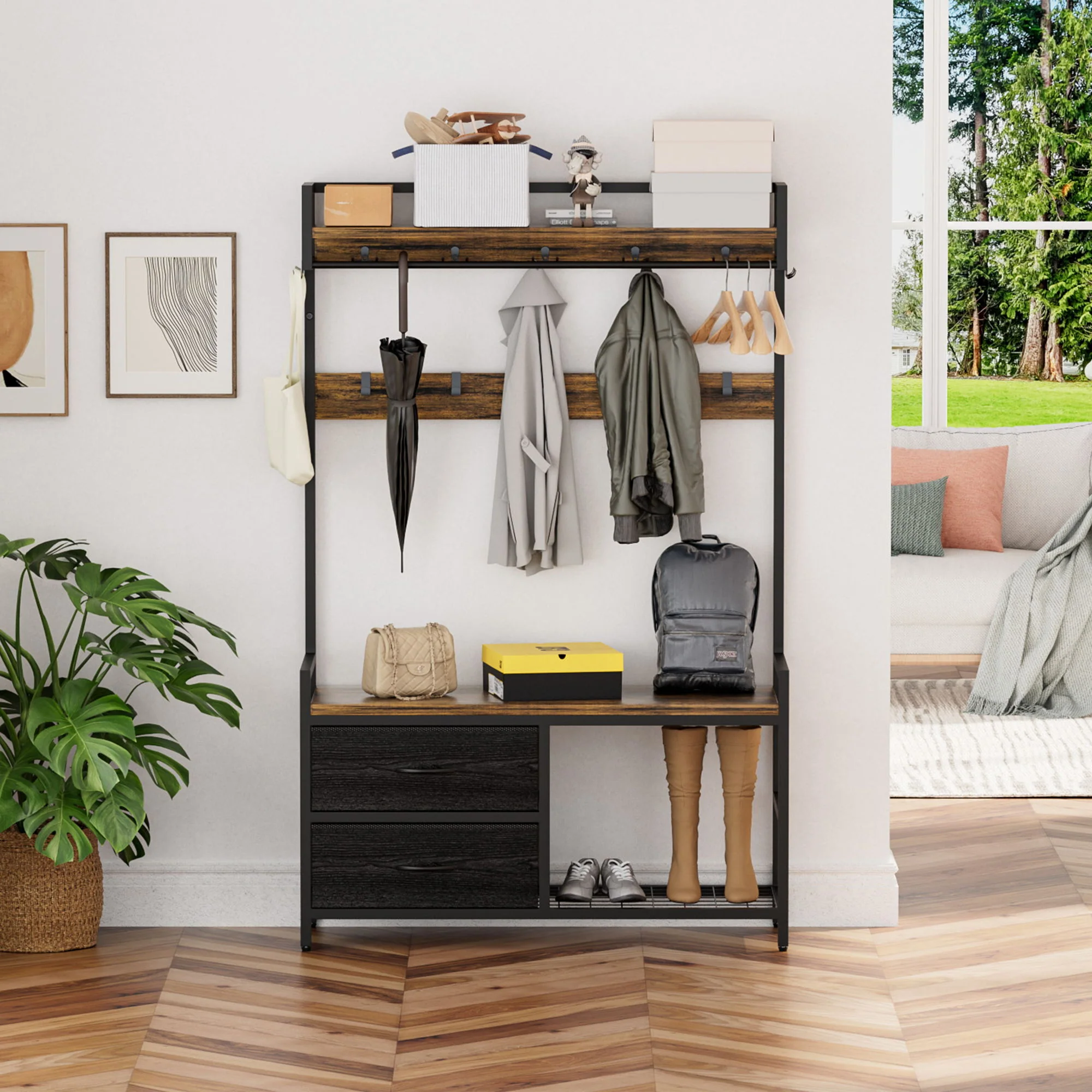 Hall Tree With 2 Movable Drawers, Shoe Storage, Shelves, Garment Racks, And 23 Hooks For Entryway - Rustic Brown - Image 6