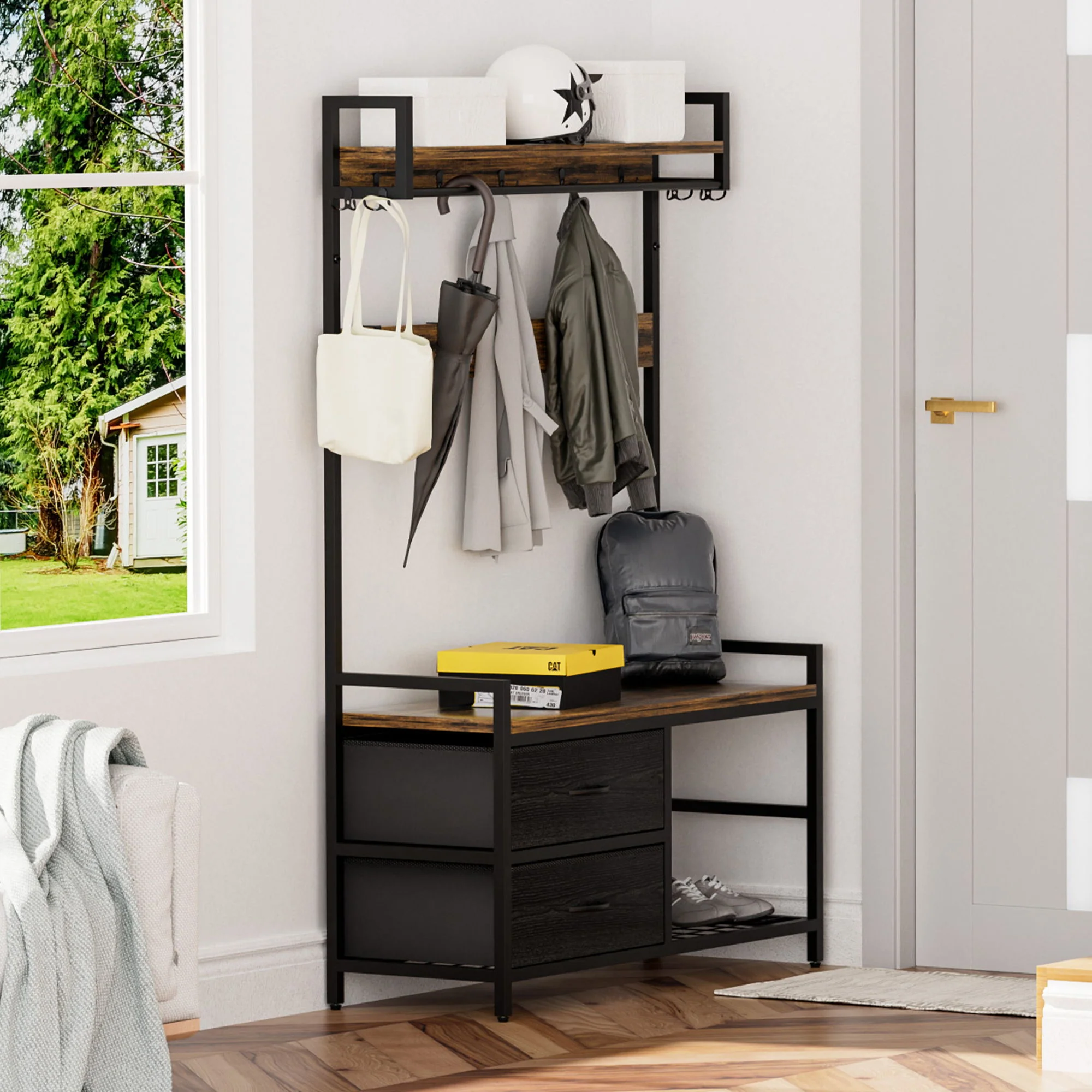 Hall Tree With 2 Movable Drawers, Shoe Storage, Shelves, Garment Racks, And 23 Hooks For Entryway - Rustic Brown - Image 7