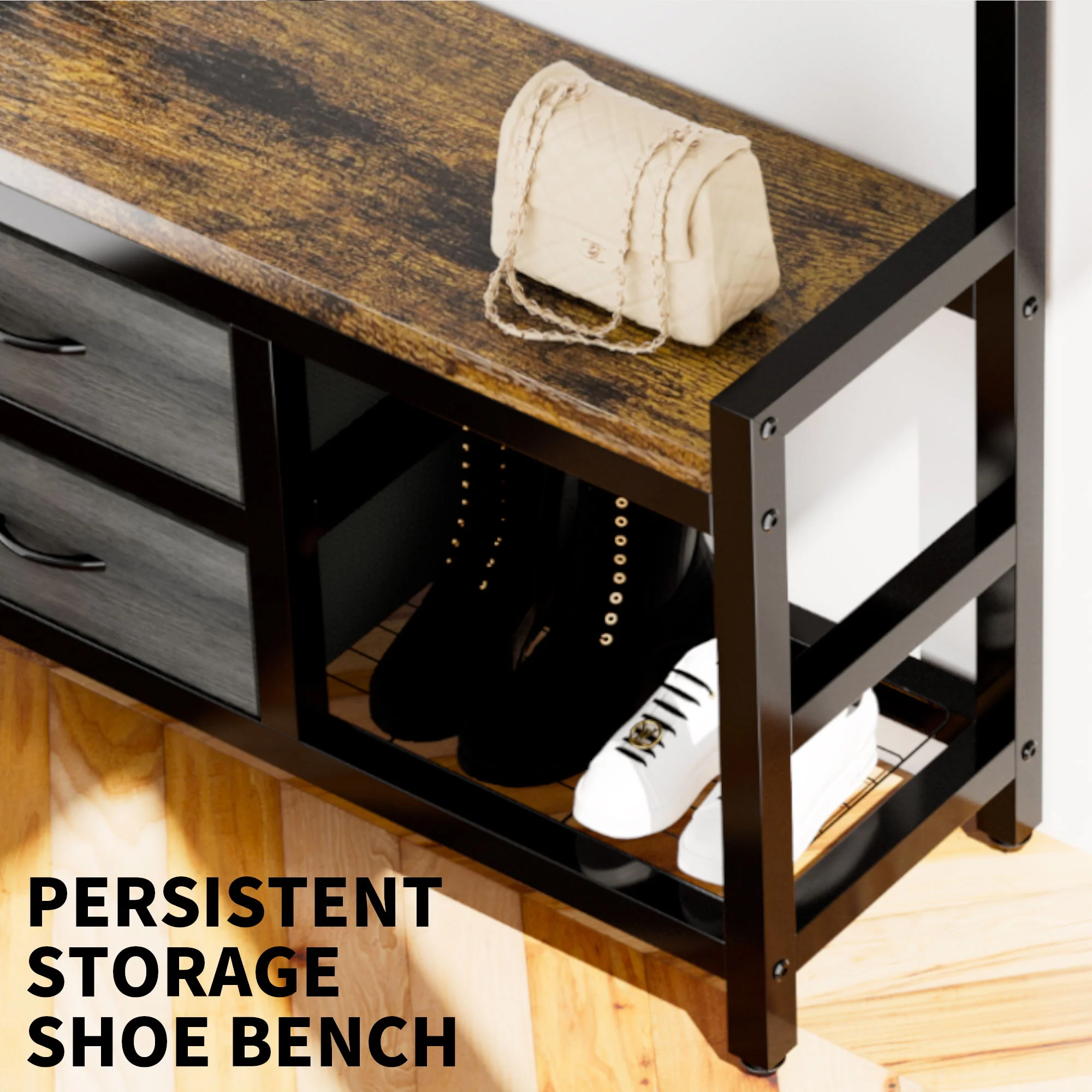 Hall Tree With 2 Movable Drawers, Shoe Storage, Shelves, Garment Racks, And 23 Hooks For Entryway - Rustic Brown - Image 8
